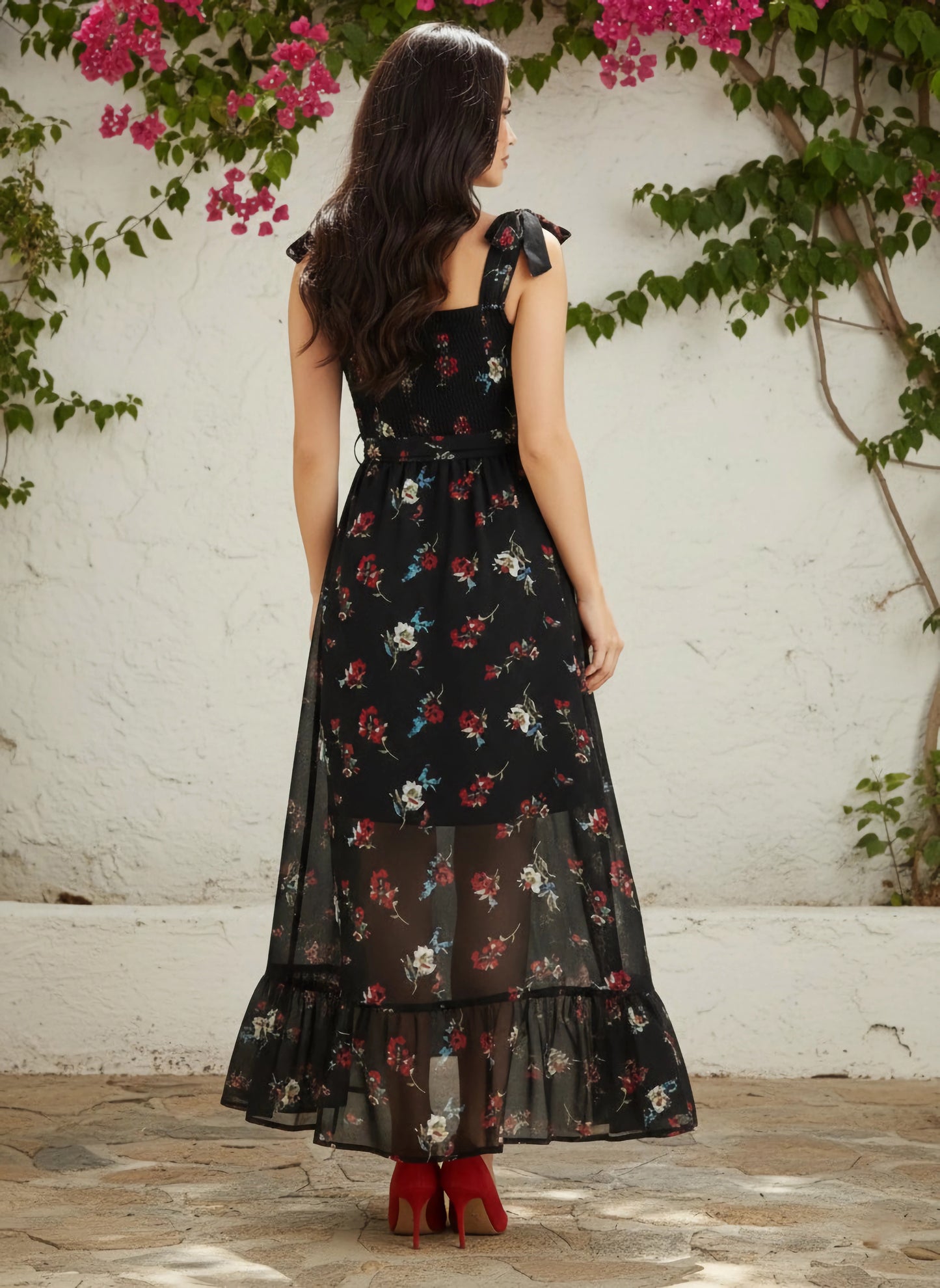 Berrylush Women Black, Red, & White Floral Printed Square Neck Waist Tie-Up Cutout Georgette Thigh-High Slit Flared A-Line Maxi Dress