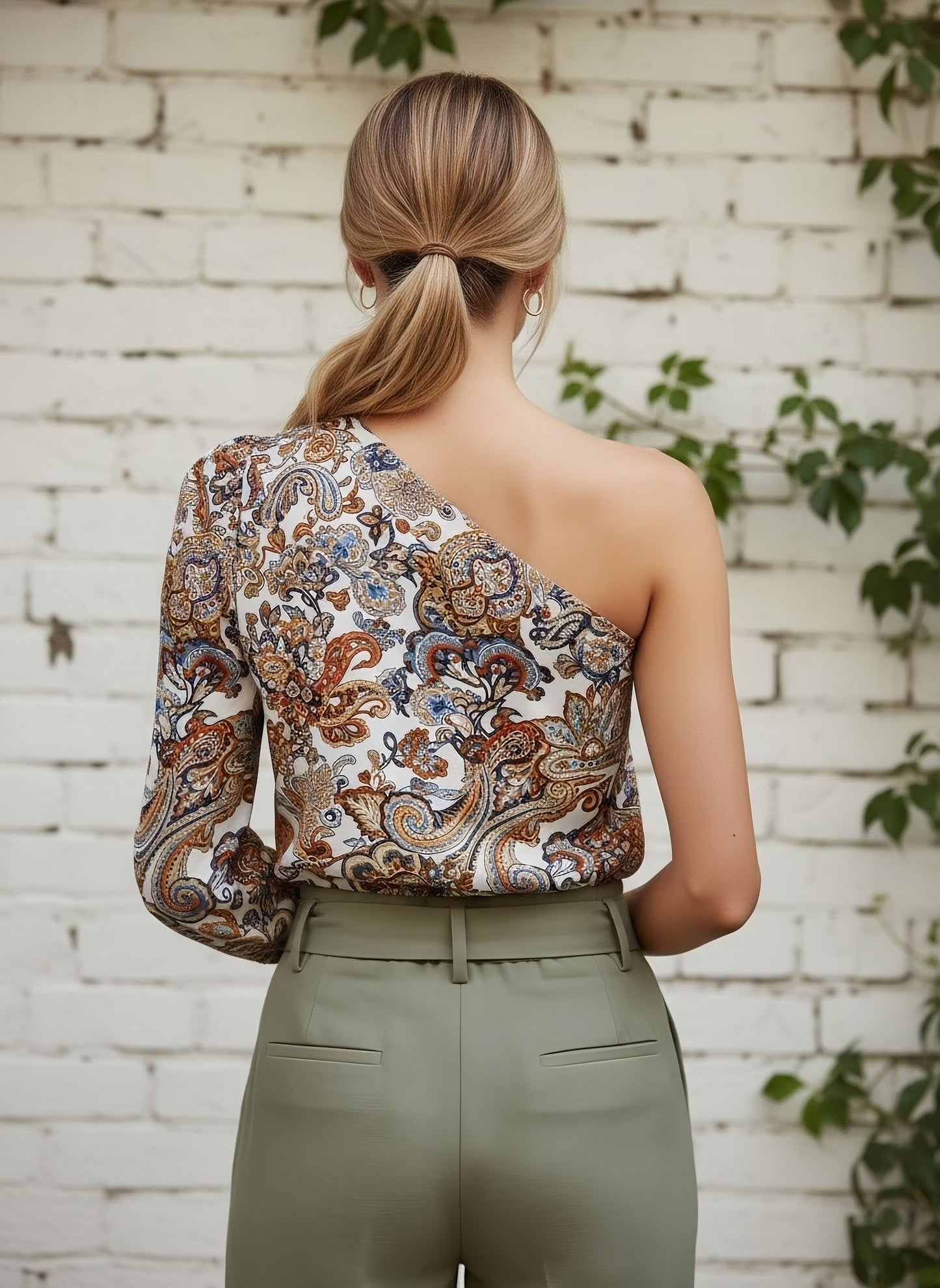 Berrylush Women White & Brown Tribal Printed One-Shoulder Neck Crepe Bohemian Top