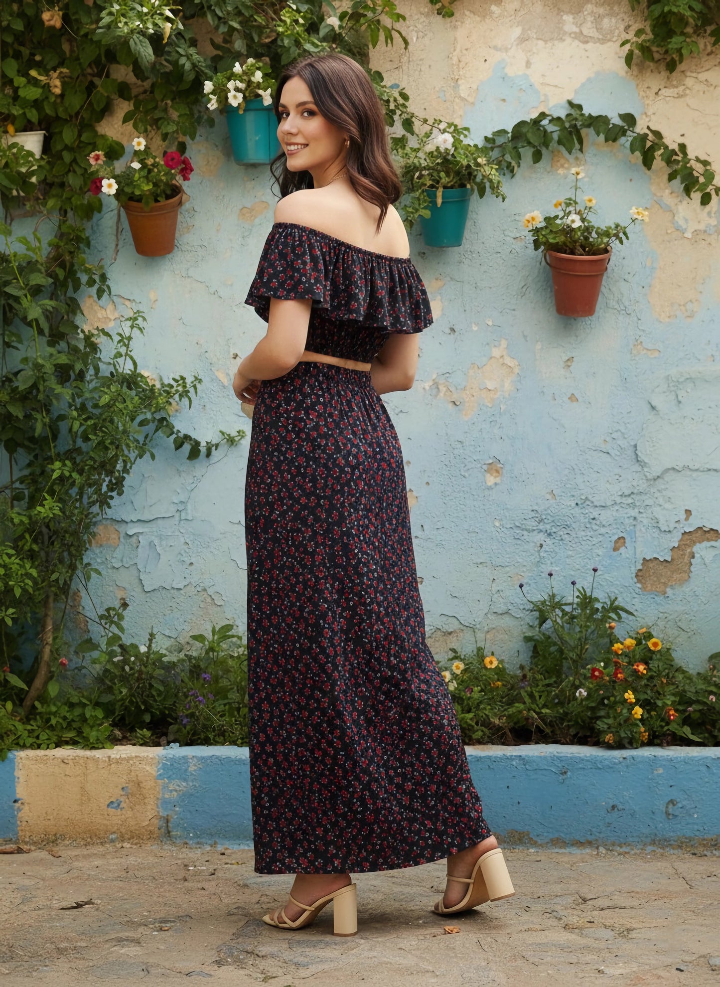 Berrylush Women Navy Blue Floral Off-Shoulder Co-Ordinate Maxi Dress