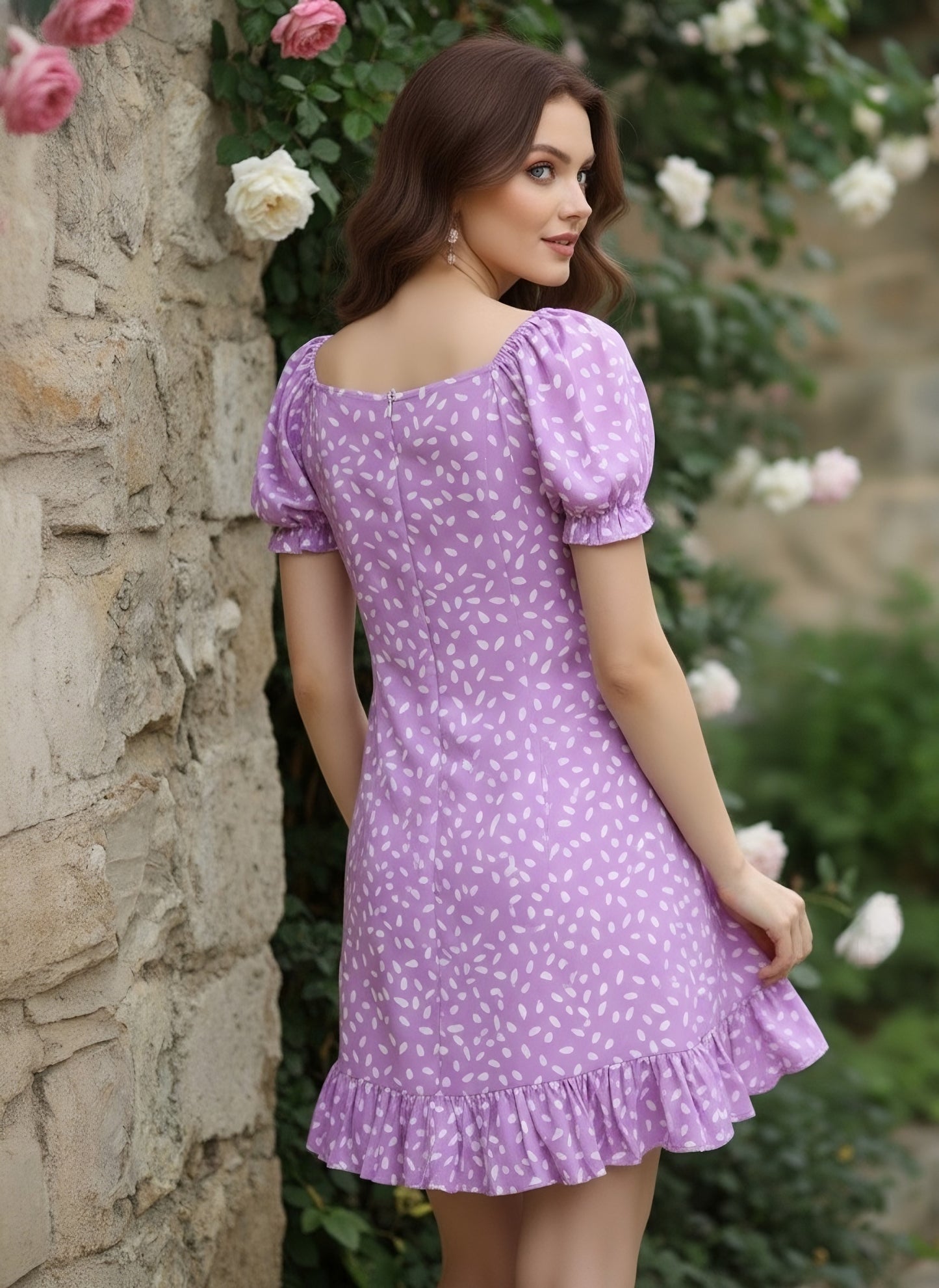 Berrylush Women Purple & White Abstract Printed Tie-Up Neck A-Line Mini Dress