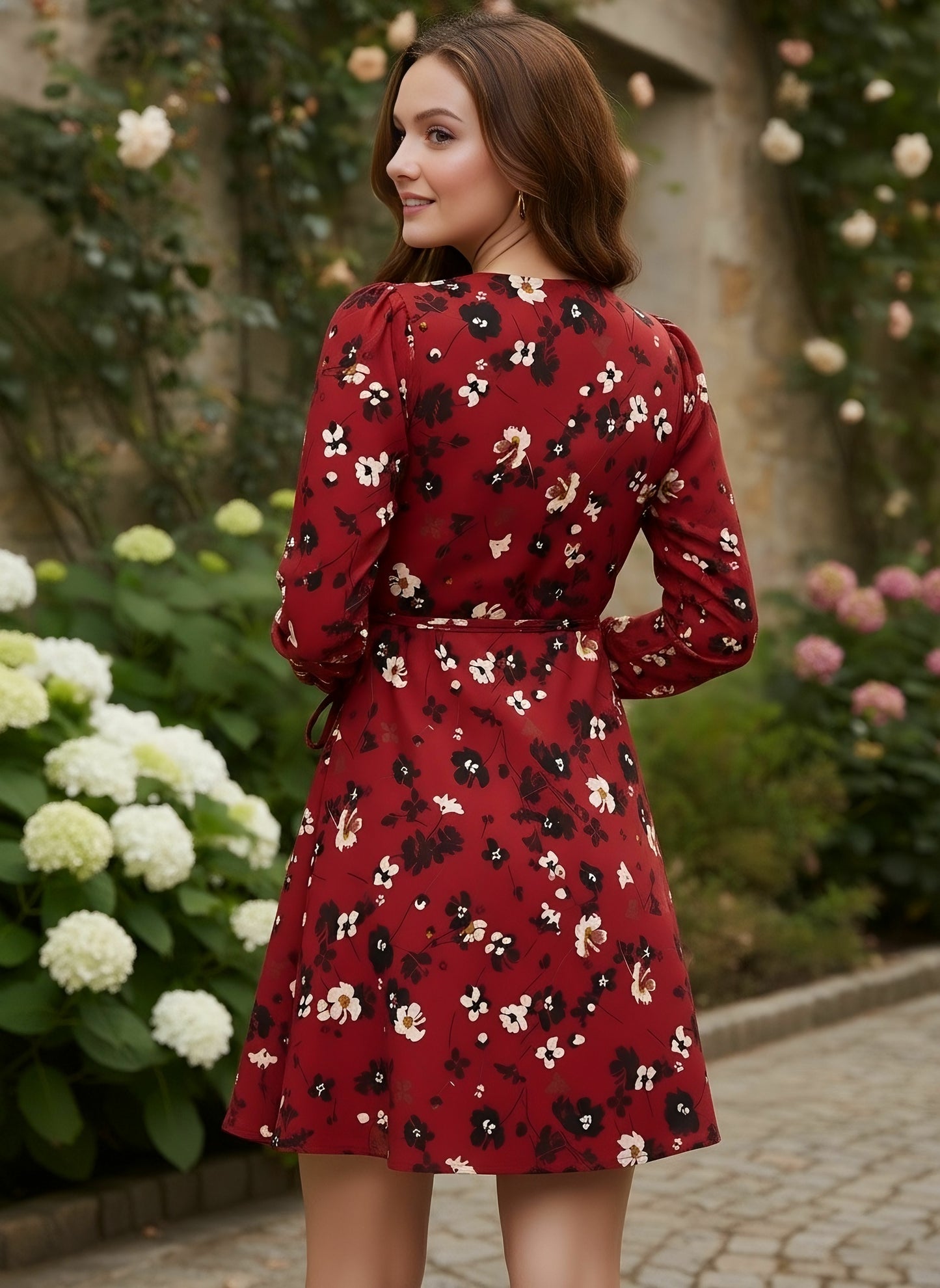 Berrylush Women Red & Black Floral Printed V-Neck Fit & Flare Wrap Mini Dress