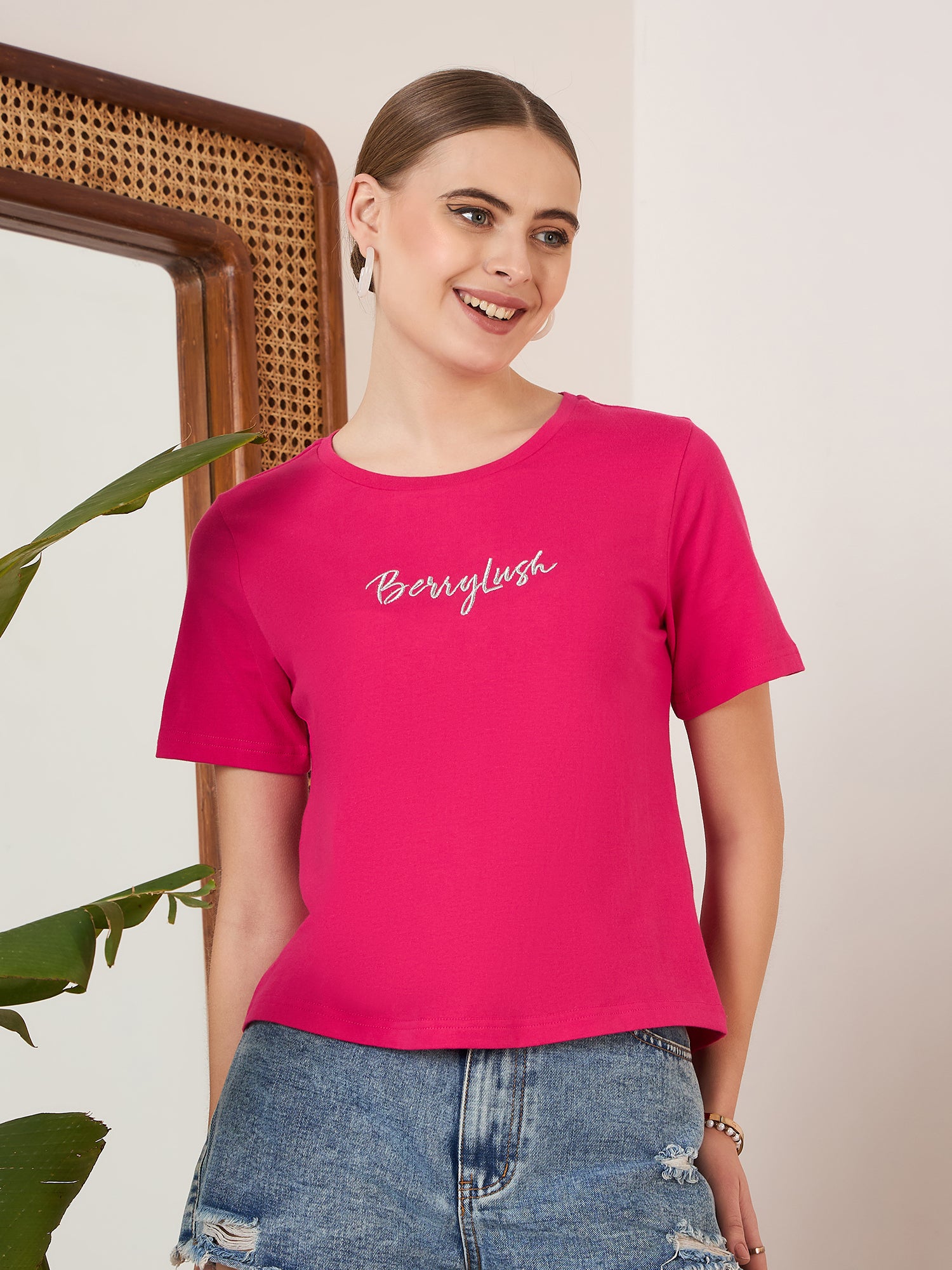 Berrylush Women Solid Bright Pink Round Neck Front Brand Logo Short Sleeves Knitted Regular T-Shirt