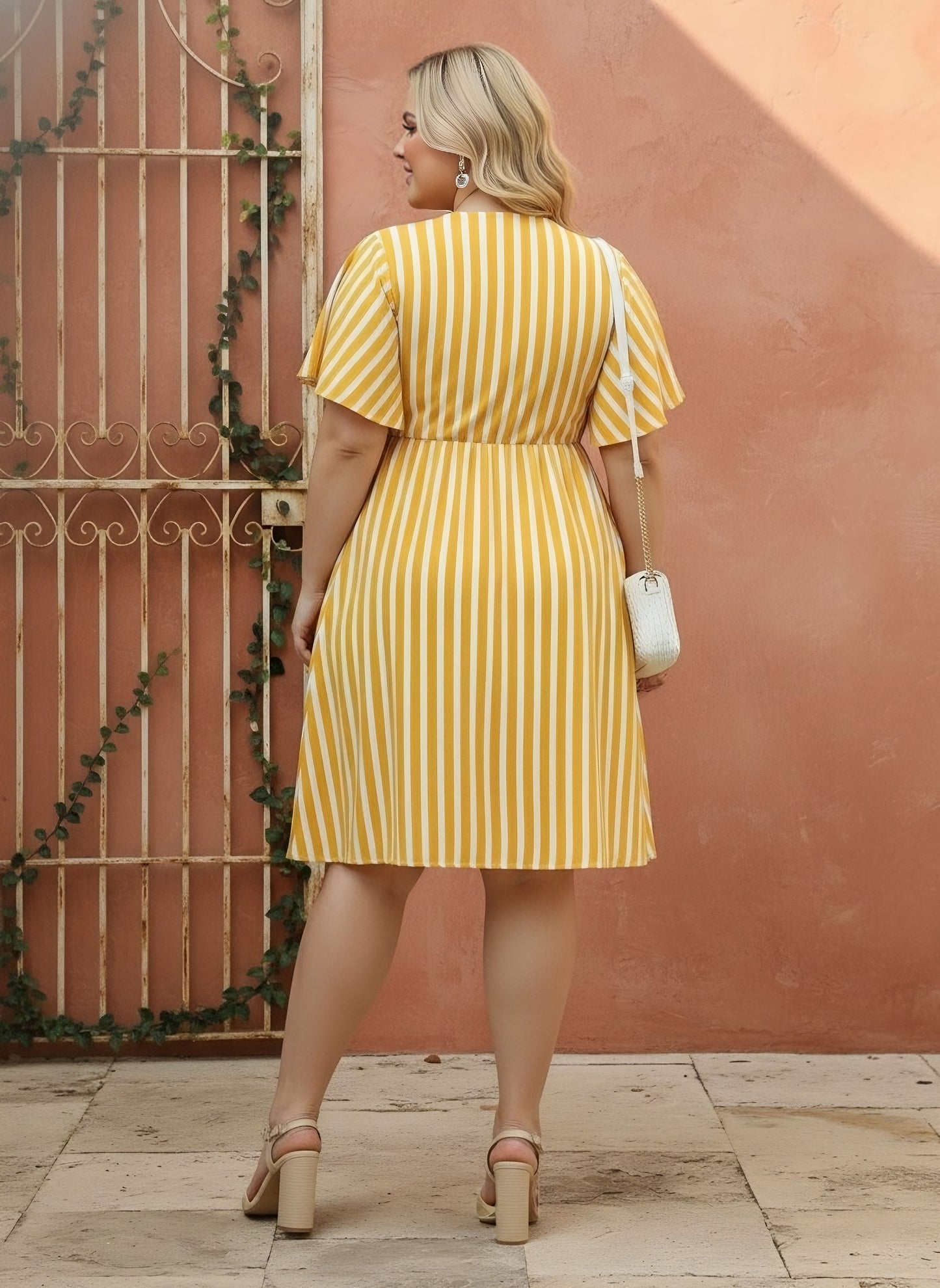Berrylush Women Plus Size Yellow & White Striped Print V-Neck Flutter Sleeves Cotton Curved Hem Pleated A-line Mini Dress