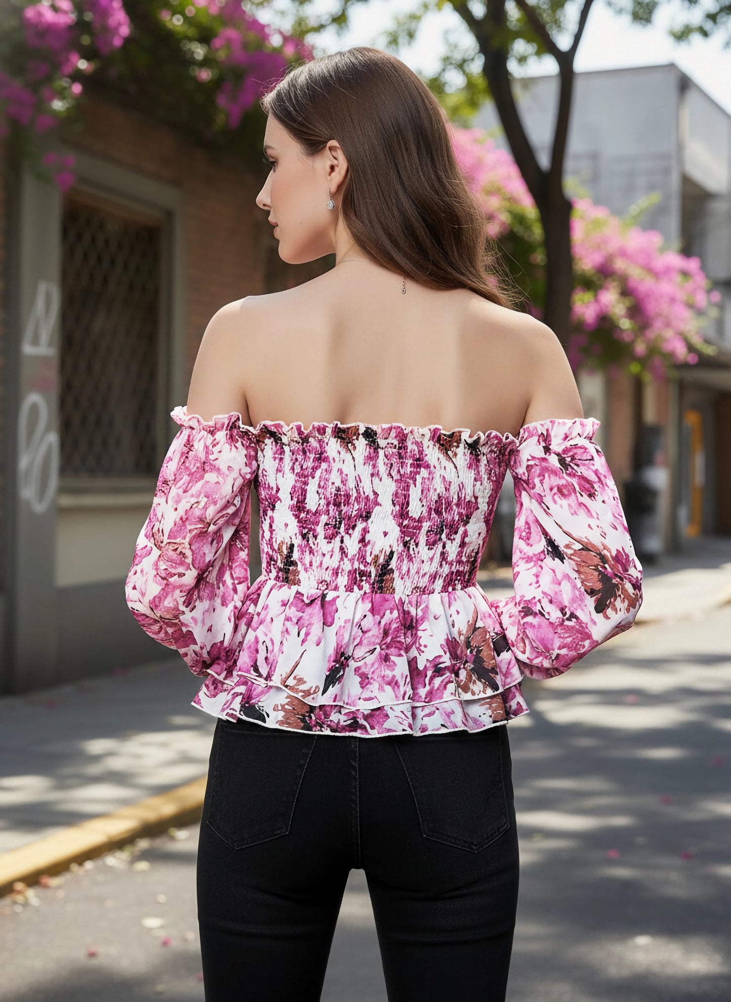 Berrylush Women White & Pink Floral Printed Off-Shoulder Neck Three-Quarter Sleeves Georgette Smocked Regular Top