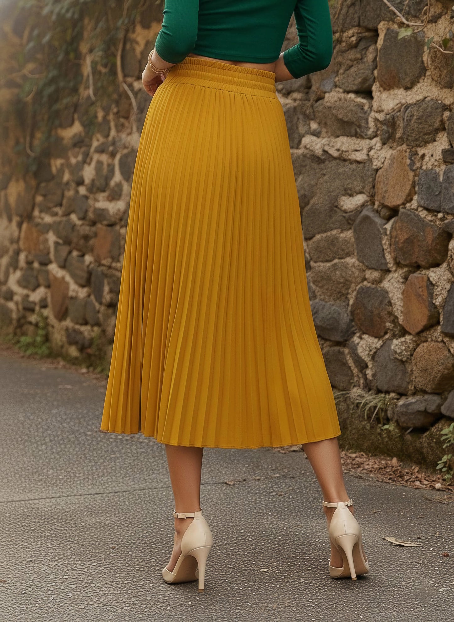 Solid Yellow High-Rise Elastic Waist Tie-Up Straight Hem Pleated Midi Skirt
