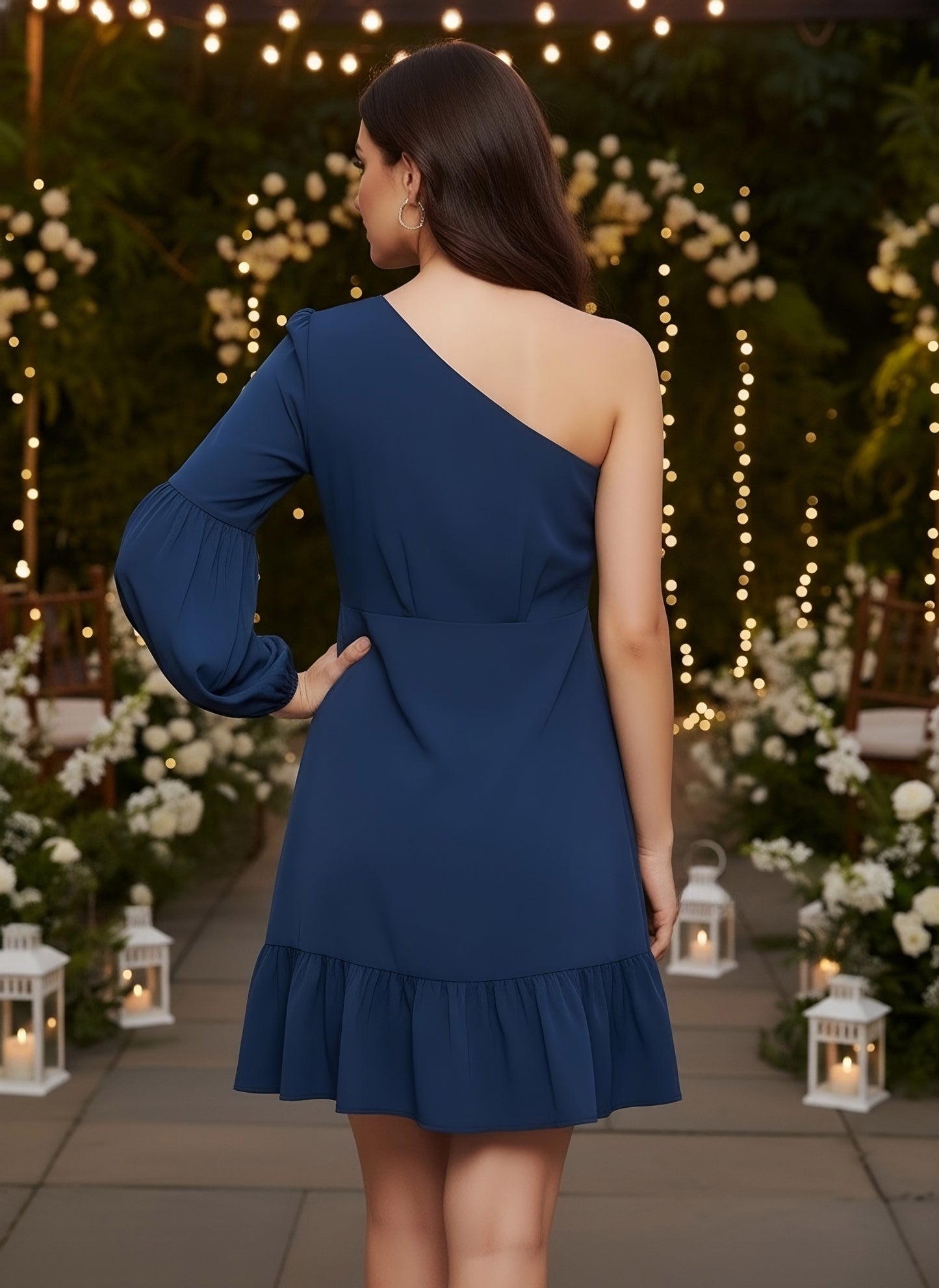 Berrylush Women Solid Blue One-Shoulder Neck Tulip Hem Fit & Flare Mini Dress