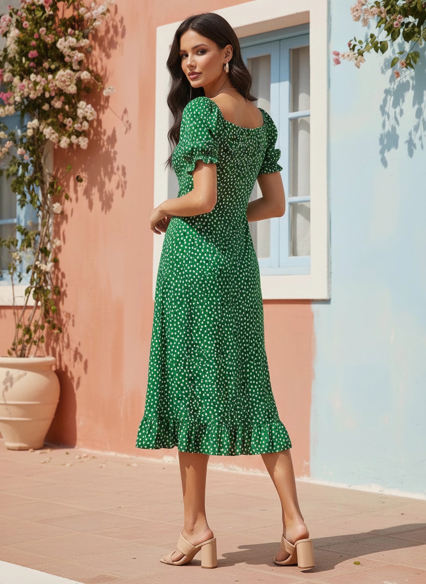 Berrylush Women Green & White Floral Printed Tie-Up Sweetheart Neck Ruffled A-Line Midi Dress