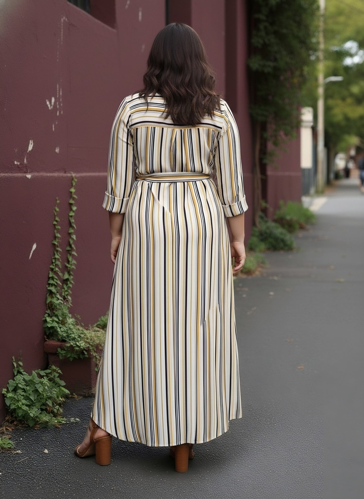 Women Plus Size Multicolour Stripe Printed V-Neck Waist Tie-Up Crepe Curved Hem Maxi Dress - Berrylush Women Plus Size Multicolour Stripe Printed V-Neck Waist Tie-Up Crepe Curved Hem Maxi Dress - Berrylush