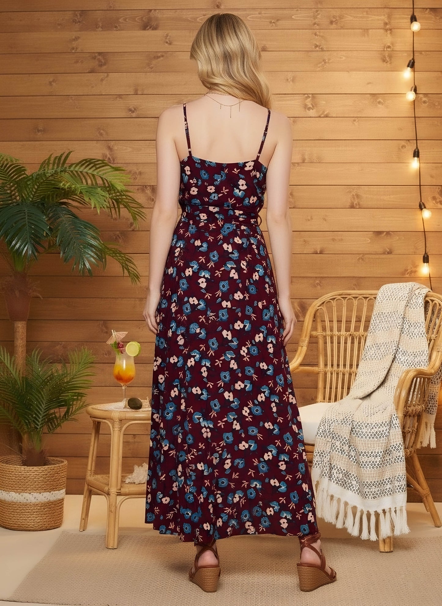 Berrylush Women Maroon & Blue Floral Printed V-Neck Waist Tie-Up Thigh-High Double-Slit Flared A-Line Maxi Dress