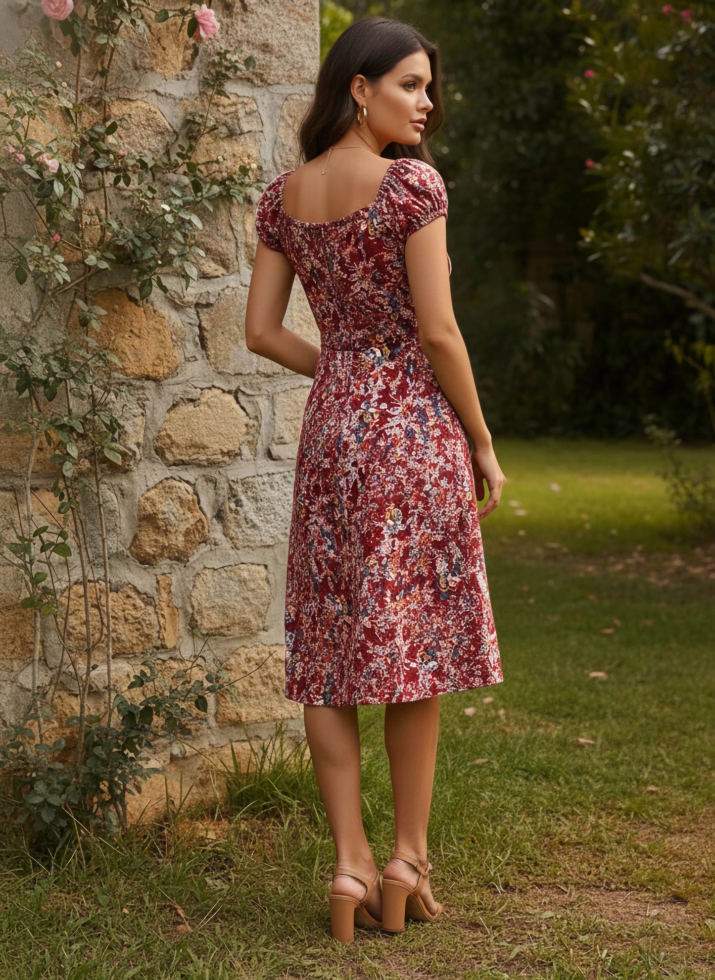 Berrylush Women Maroon & White Ditsy Floral Printed Tie-Up Sweetheart Neck Ruched A-Line Midi Dress