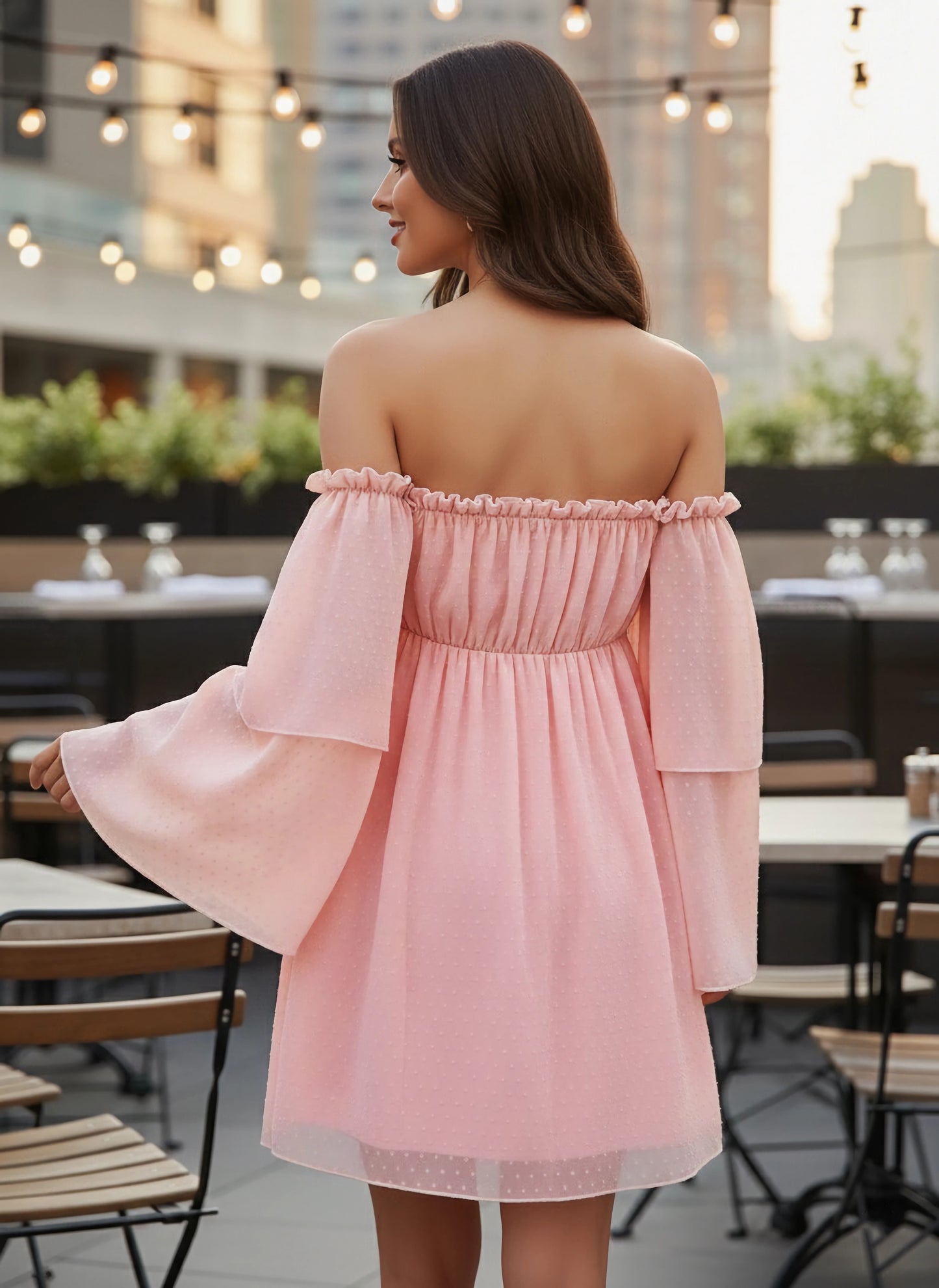 Solid Pink Dobby Weave Off-Shoulder Neck Flutter Sleeve Ruffled A-Line Mini Dress