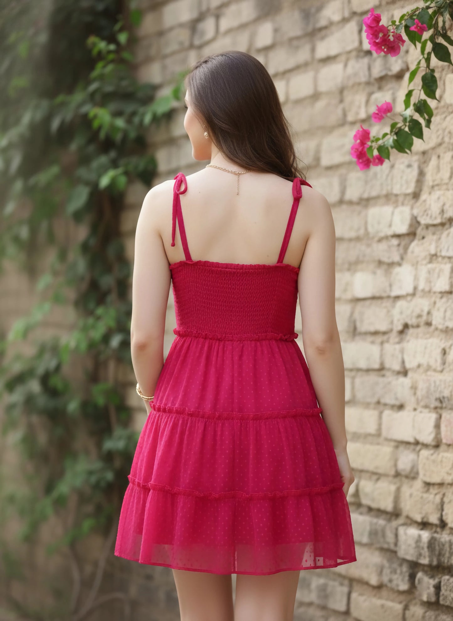 Berrylush Women Solid Pink Dobby Weave Round Neck Tie-Up Strap Georgette Pleated Fit & Flare Mini Dress