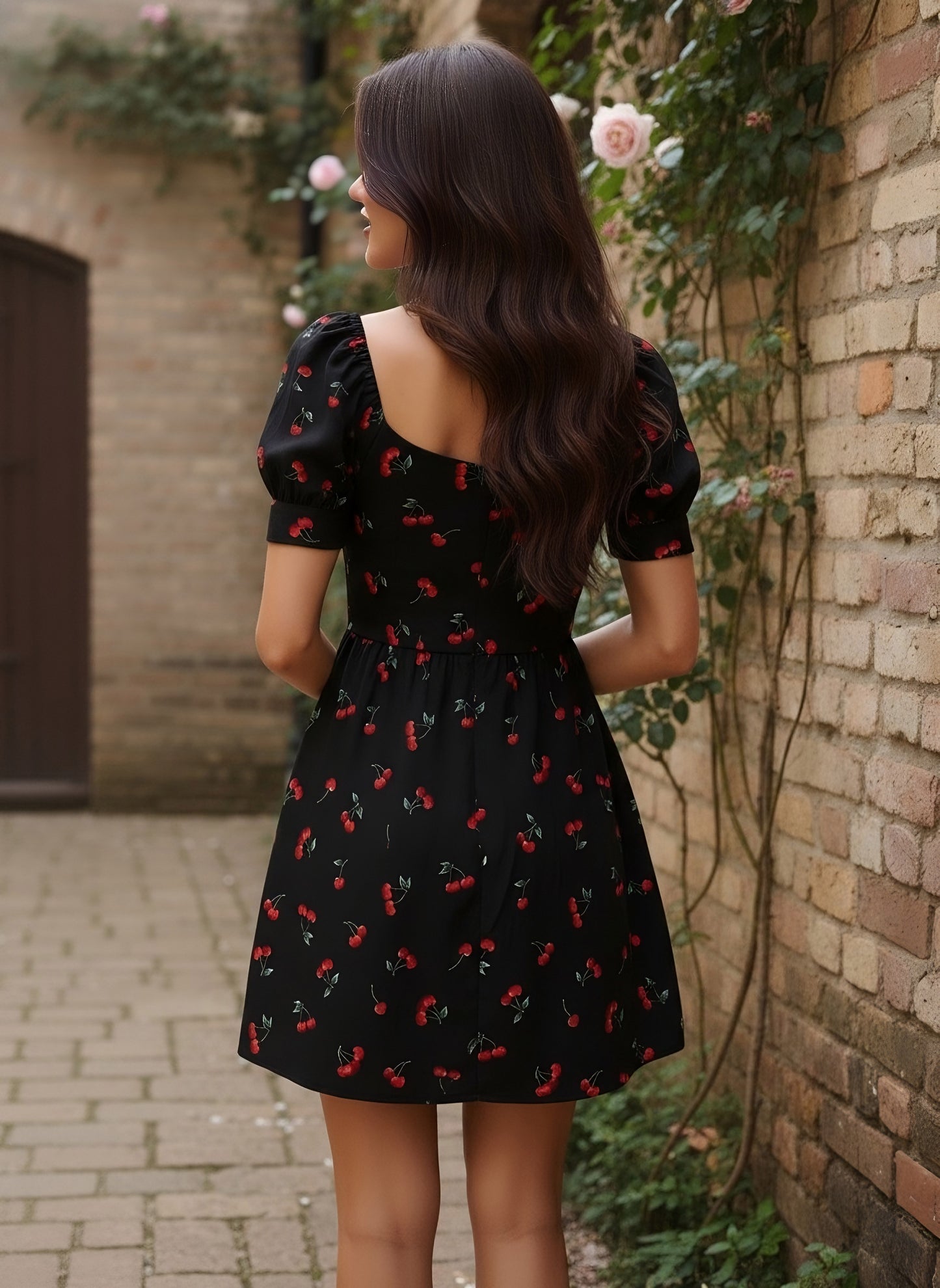 Berrylush Women Black Cherry Printed Sweetheart Neck Fit & Flare Mini Dress