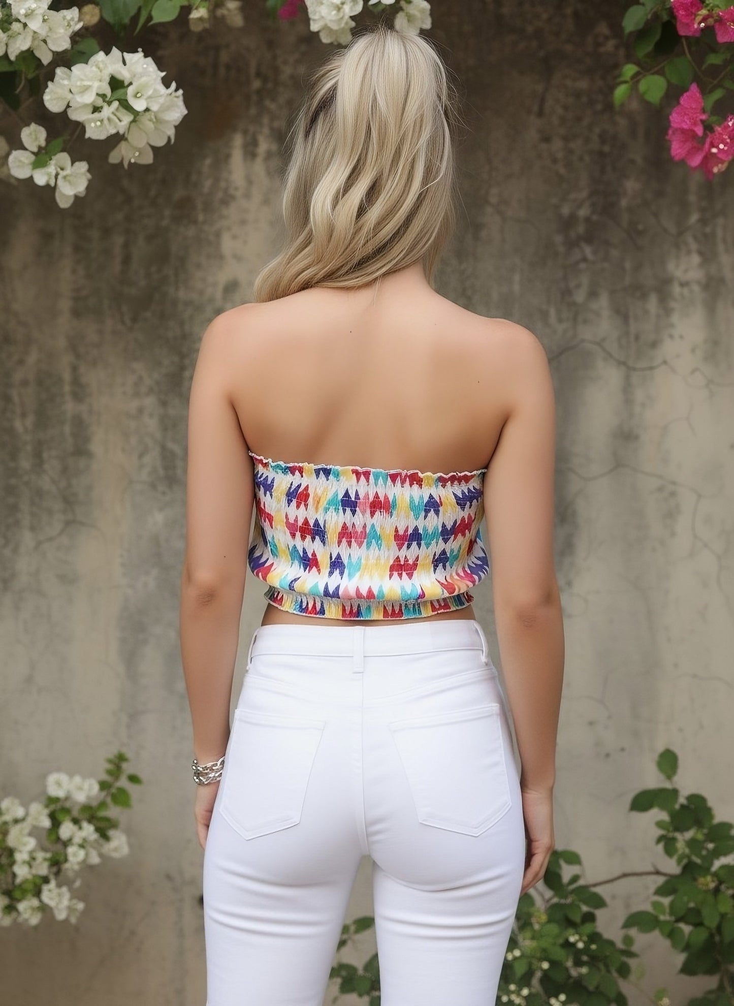 Berrylush Women Multicoloured Geometric Printed Strapless Neck Crepe Ruffled Tube Top