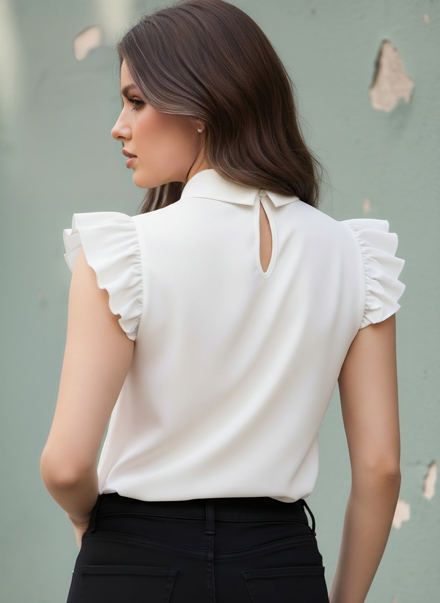 Berrylush Women Solid White & Black Tie-Up Neck Sleeveless Back Keyhole Curved Hem Ruffled Regular Top