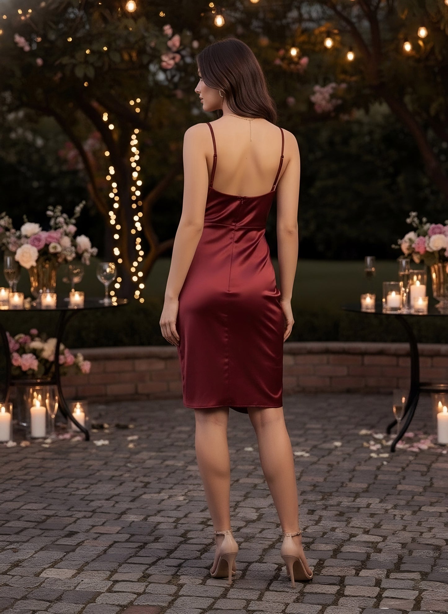 Berrylush Women Solid Maroon Cowl Neck Sleeveless Zipper-Up Tulip Hem Pleated Bodycon Mini Dress