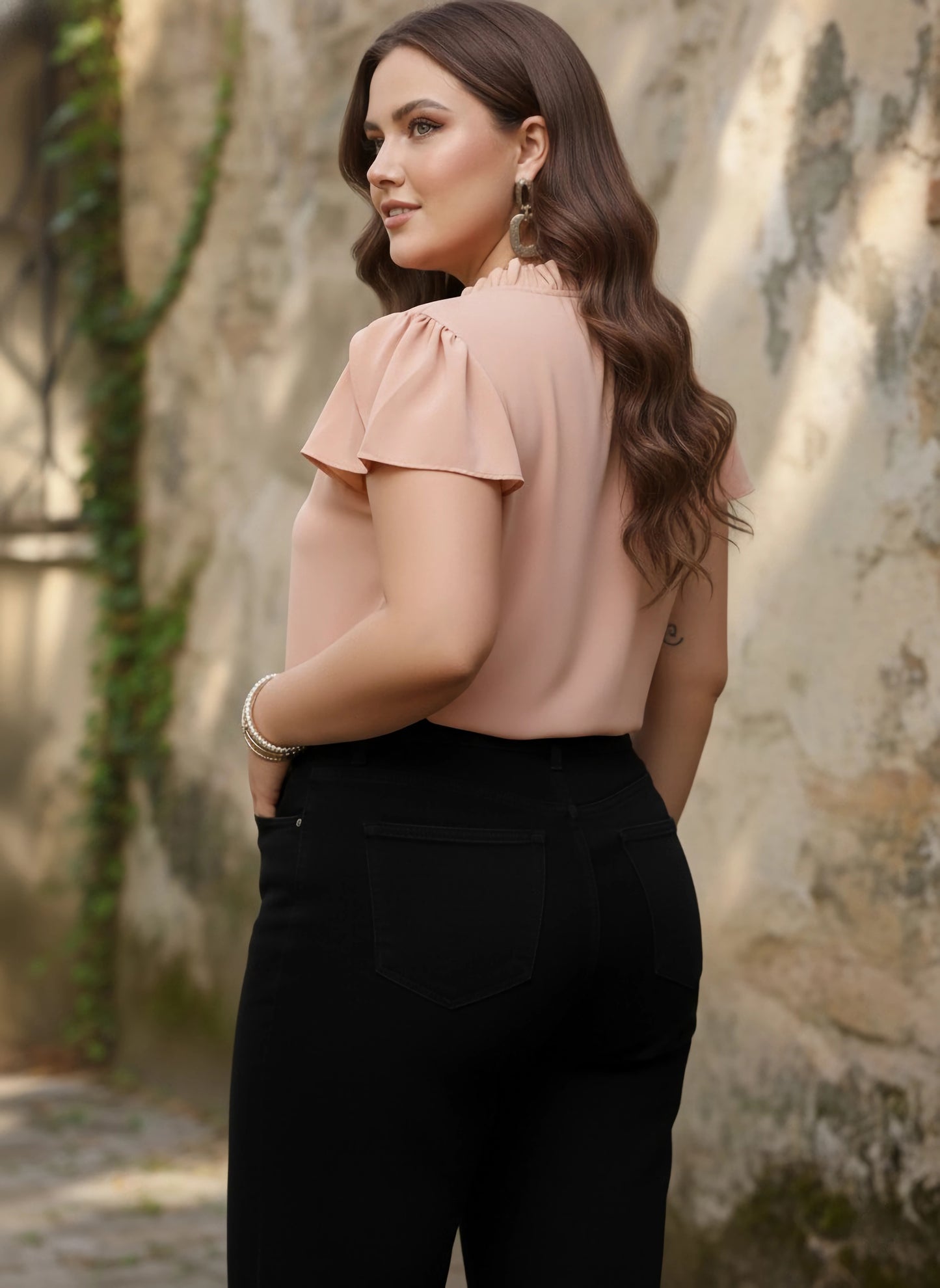 Berrylush Women Plus Size Solid Pink Tie-Up Neck Cap Sleeves Crepe Ruffled Regular Top