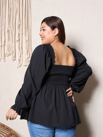 Women Solid Black Square Neck Puff Sleeves Smocked Regular Peplum
