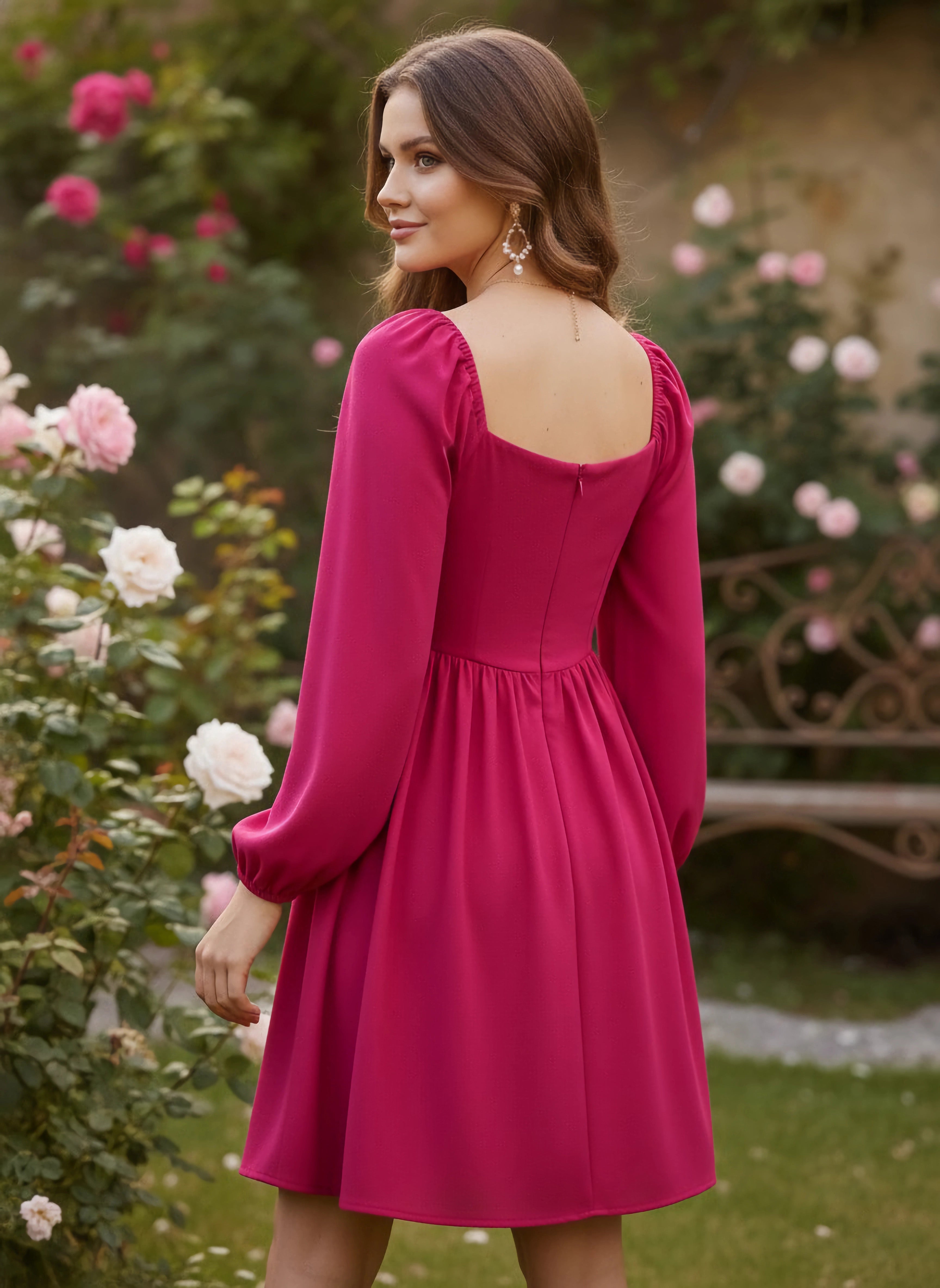 Women Solid Pink Sweetheart Neck Puff Sleeves Back Zipper-Up