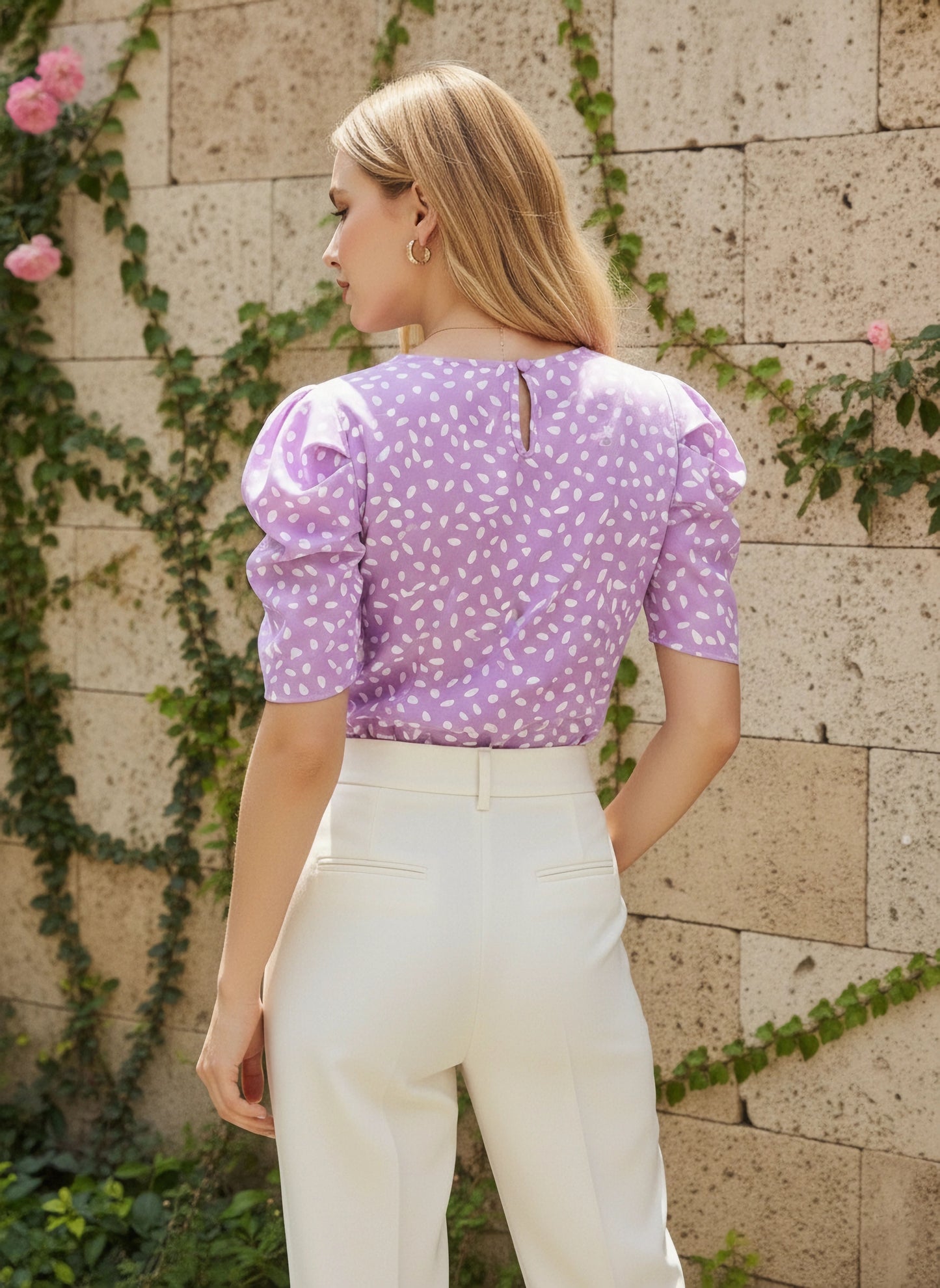 Purple & White Abstract Printed Round Neck Puff Sleeves Keyhole Back Pleated Regular Top