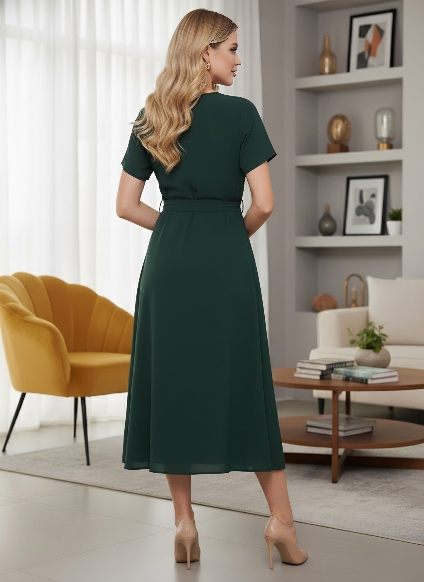 Berrylush Women Solid Green V-Neck Flared Wrap A-Line Midi Dress