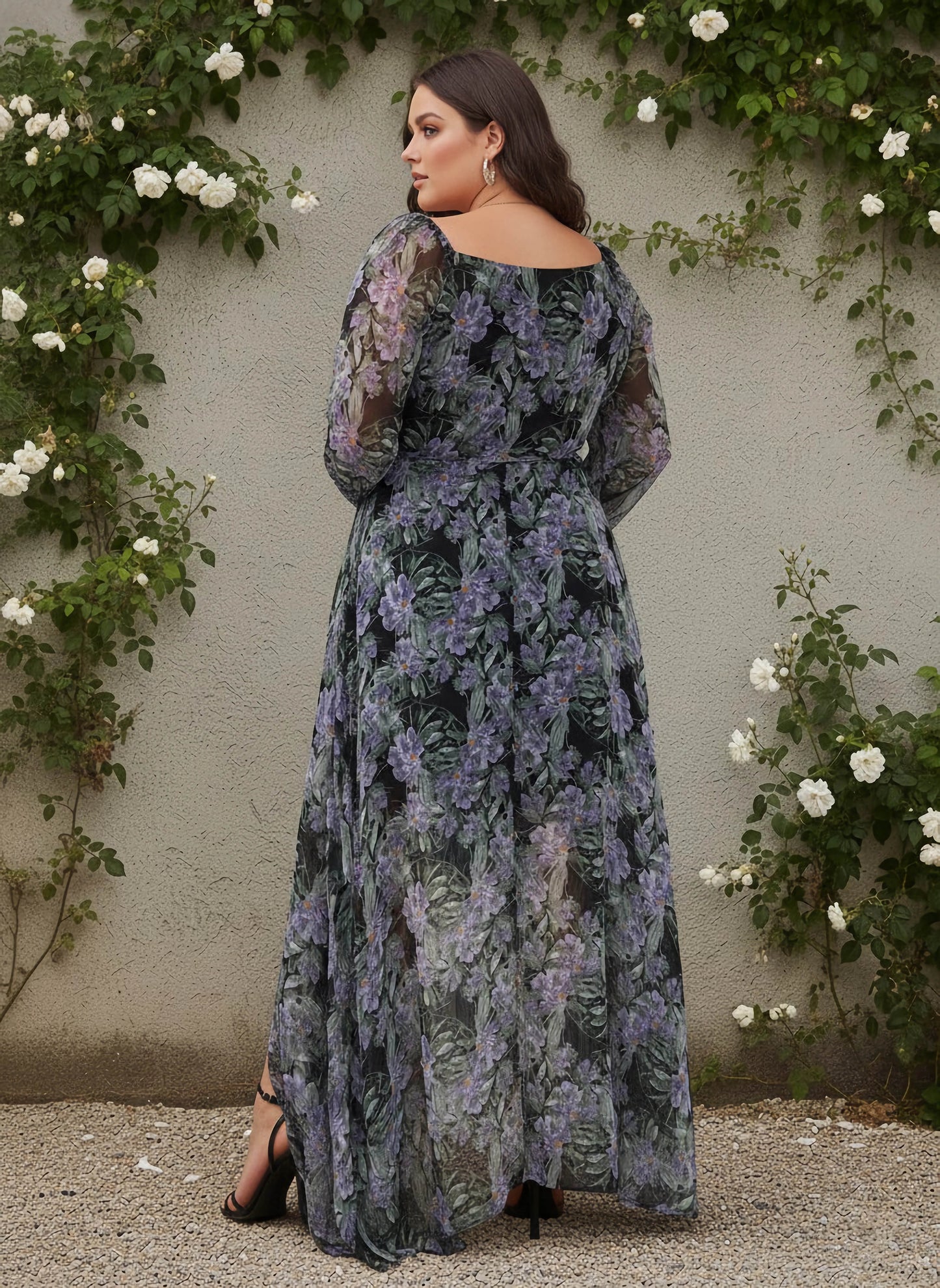 Berrylush Women Plus Size Black, Blue, & Green Floral Printed Sweetheart Neck Waist Tie-Up Georgette Pleated Wrap Maxi Dress