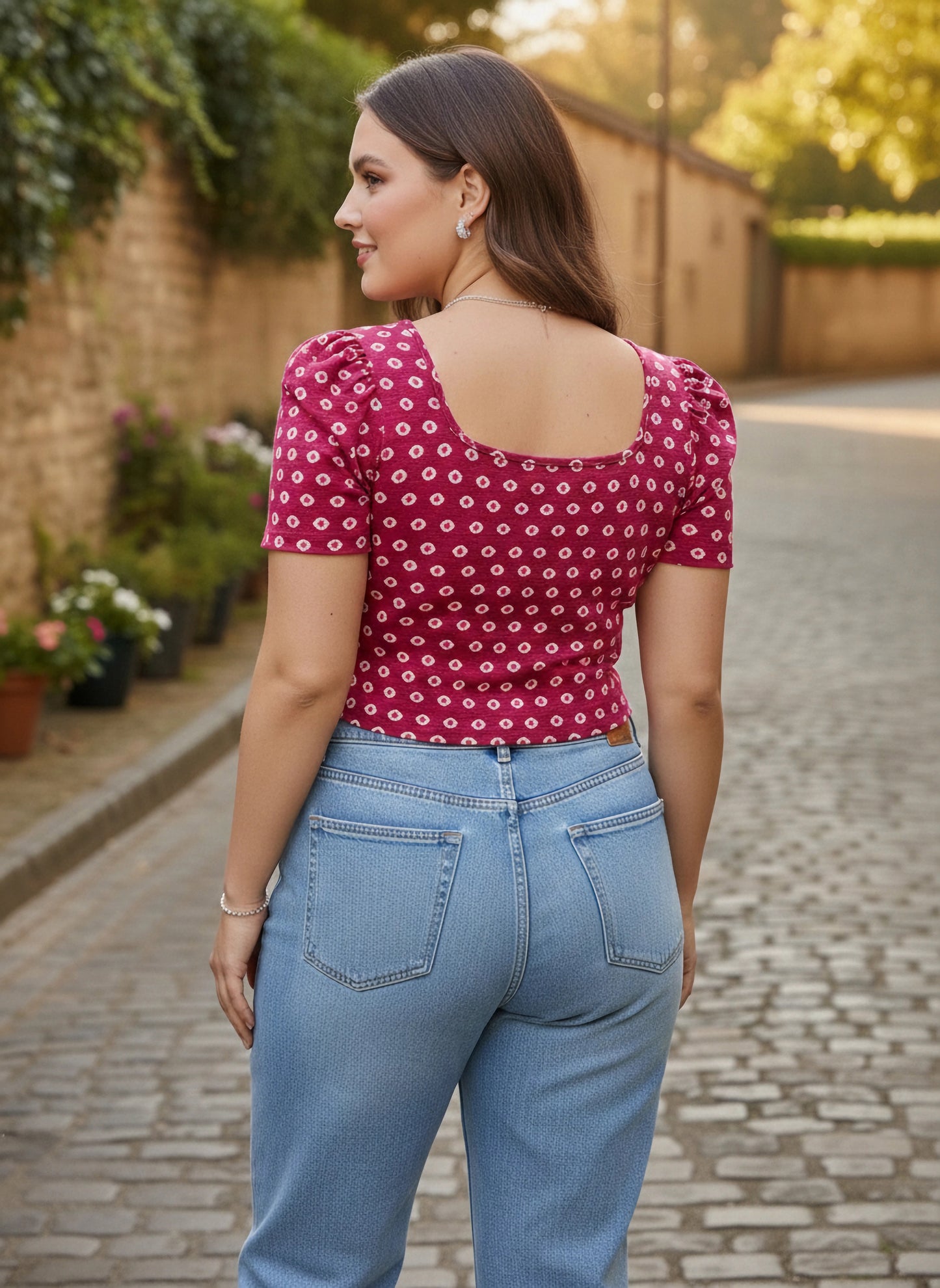 Curve Pink & White Conversational Printed Square Neck Puff Sleeves Cotton Slip-On Knitted Regular Top