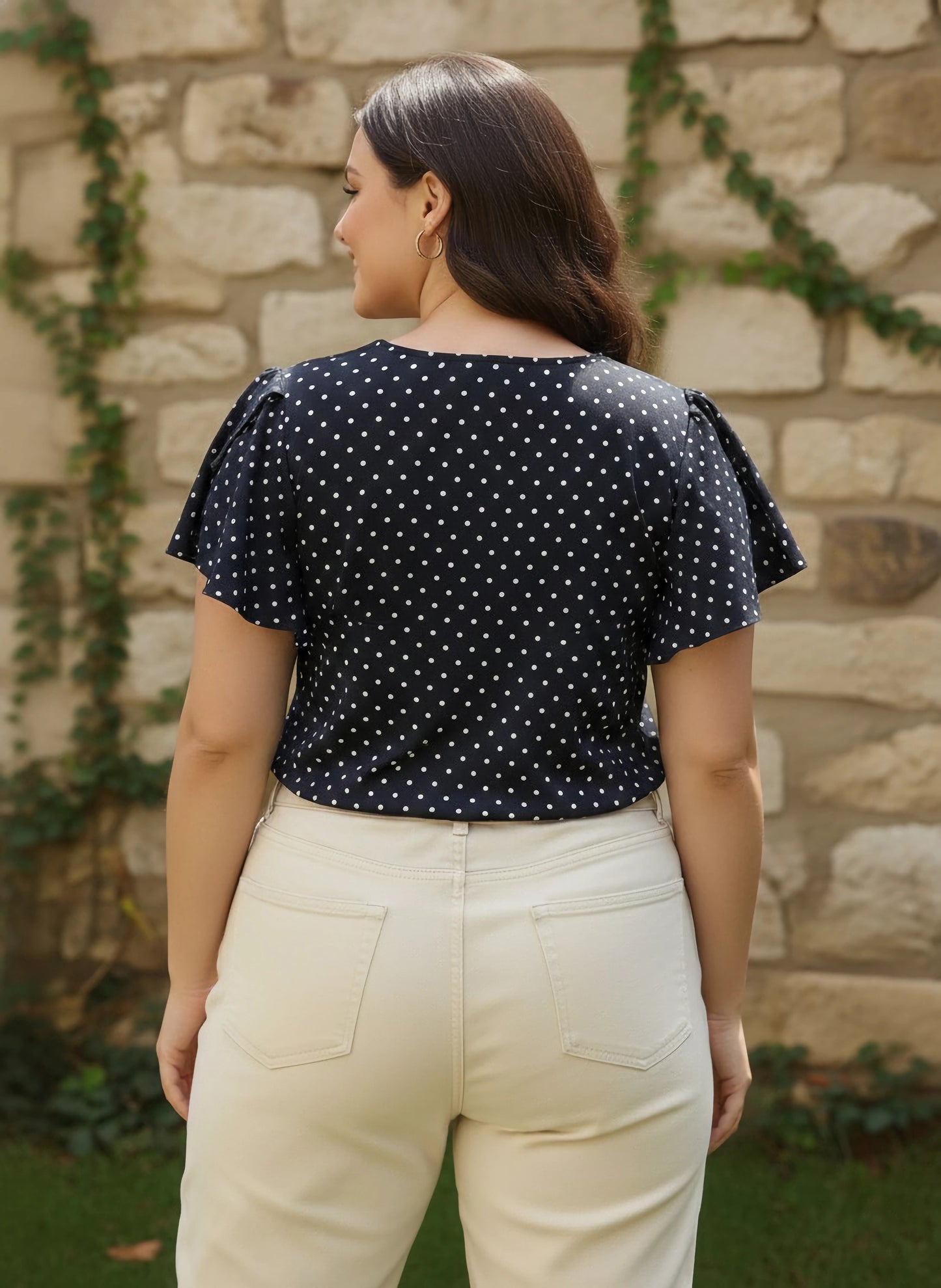 Berrylush Women Plus Size Navy Blue & White Polka Dot Printed V-Neck Flutter Sleeve Crepe Regular Top