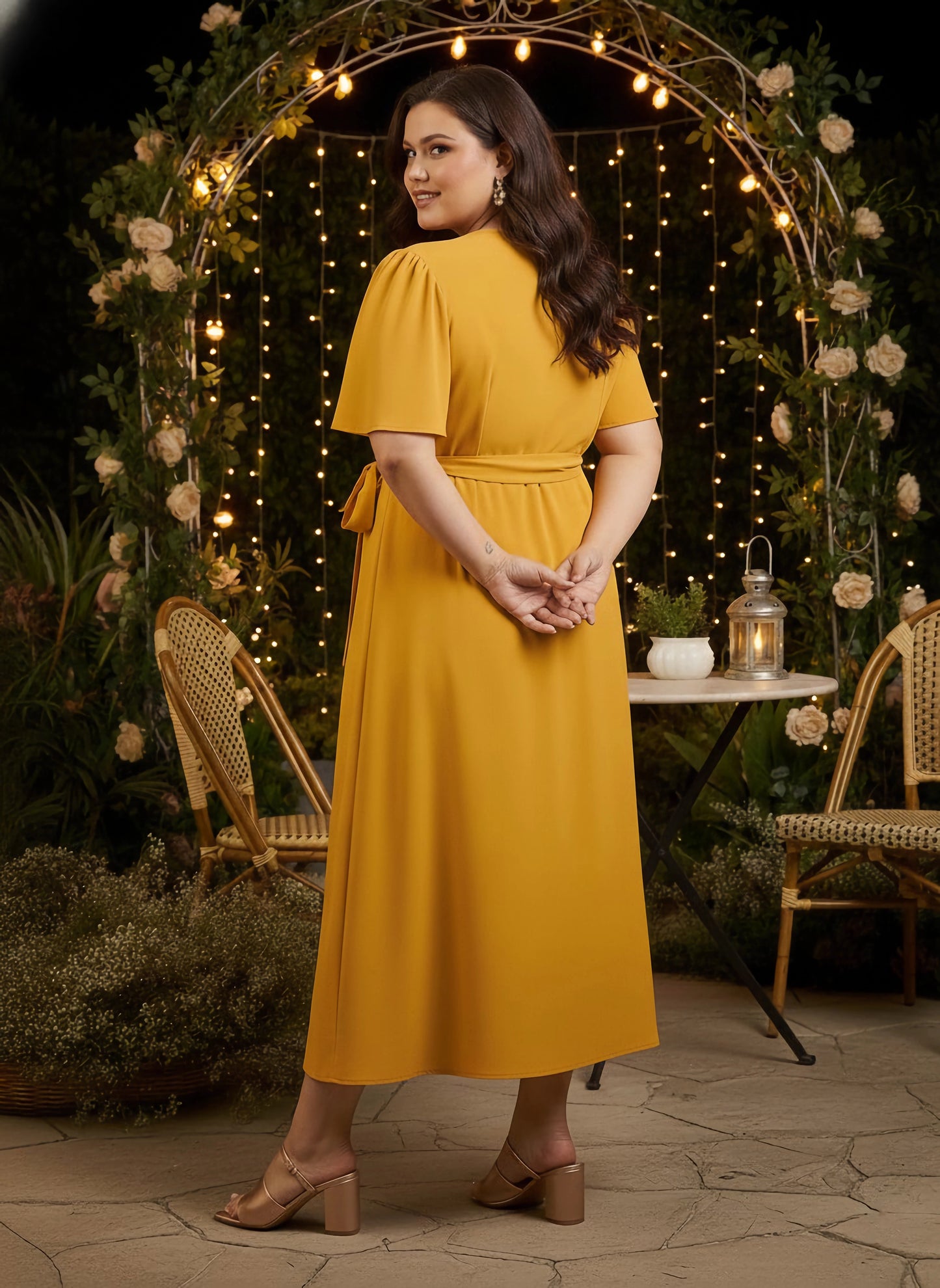 Curve Solid Yellow V-Neck Flared Sleeves Tie-Up Waist Tulip Hem Wrap Maxi Dress