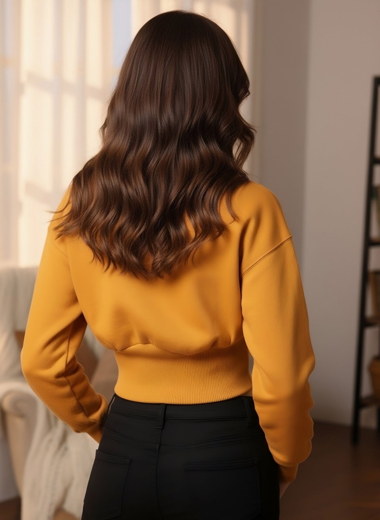 Berrylush Women Solid Yellow Round Neck Straight Hem Crop Pullover Sweatshirt