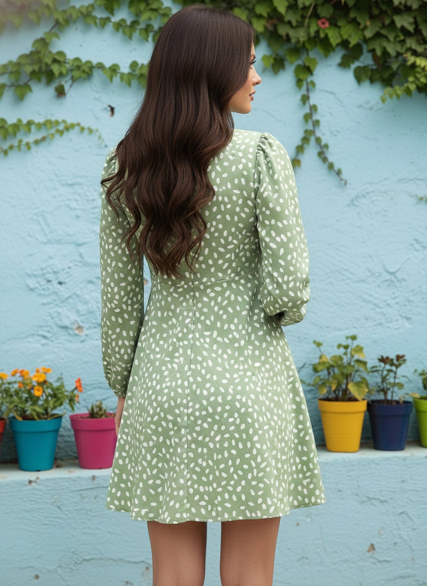 Berrylush Women Green & White Polka Dot Printed V-Neck Front Tie-Up Flared A-Line Mini Dress