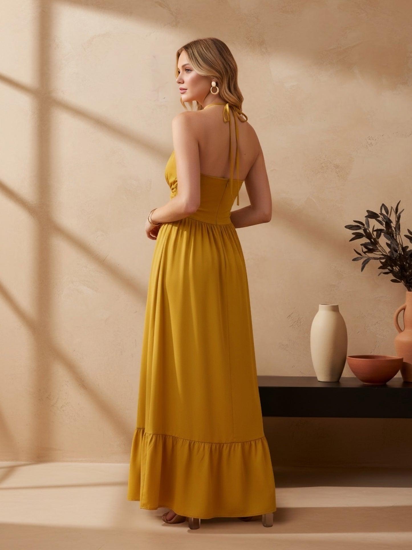 Berrylush Women Yellow Solid Halter Neck Sleeveless Tie-Ups Maxi Dress