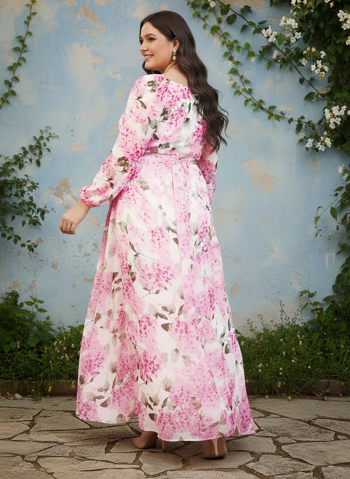 Berrylush Women Plus Size White & Pink Floral Printed Sweetheart Neck Waist Tie-Up Georgette Pleated Wrap Maxi Dress