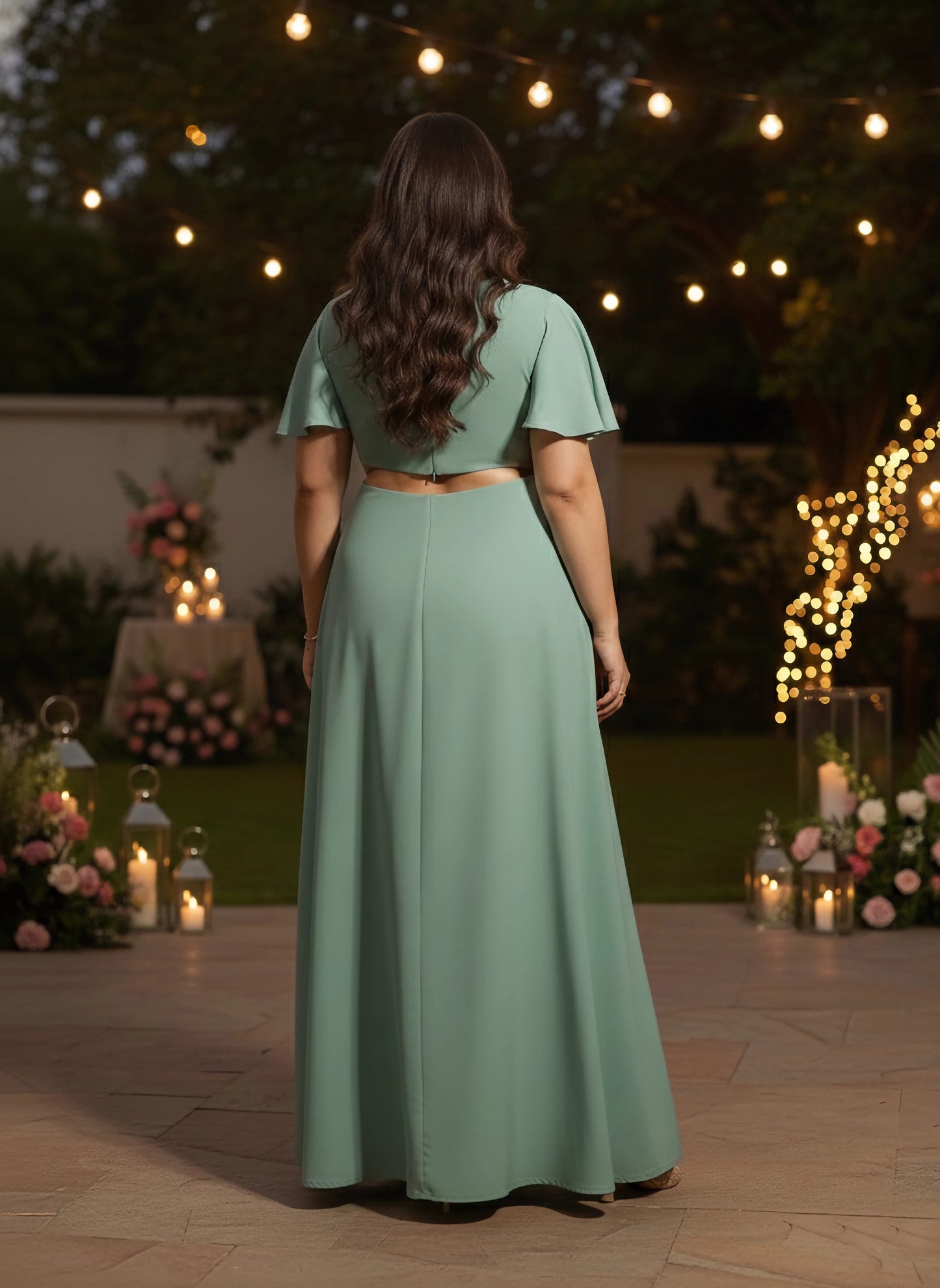 Berrylush Curve Women Solid Green Round Neck Short Sleeves Waist Cutout Thigh-High Slit Flared Maxi Dress