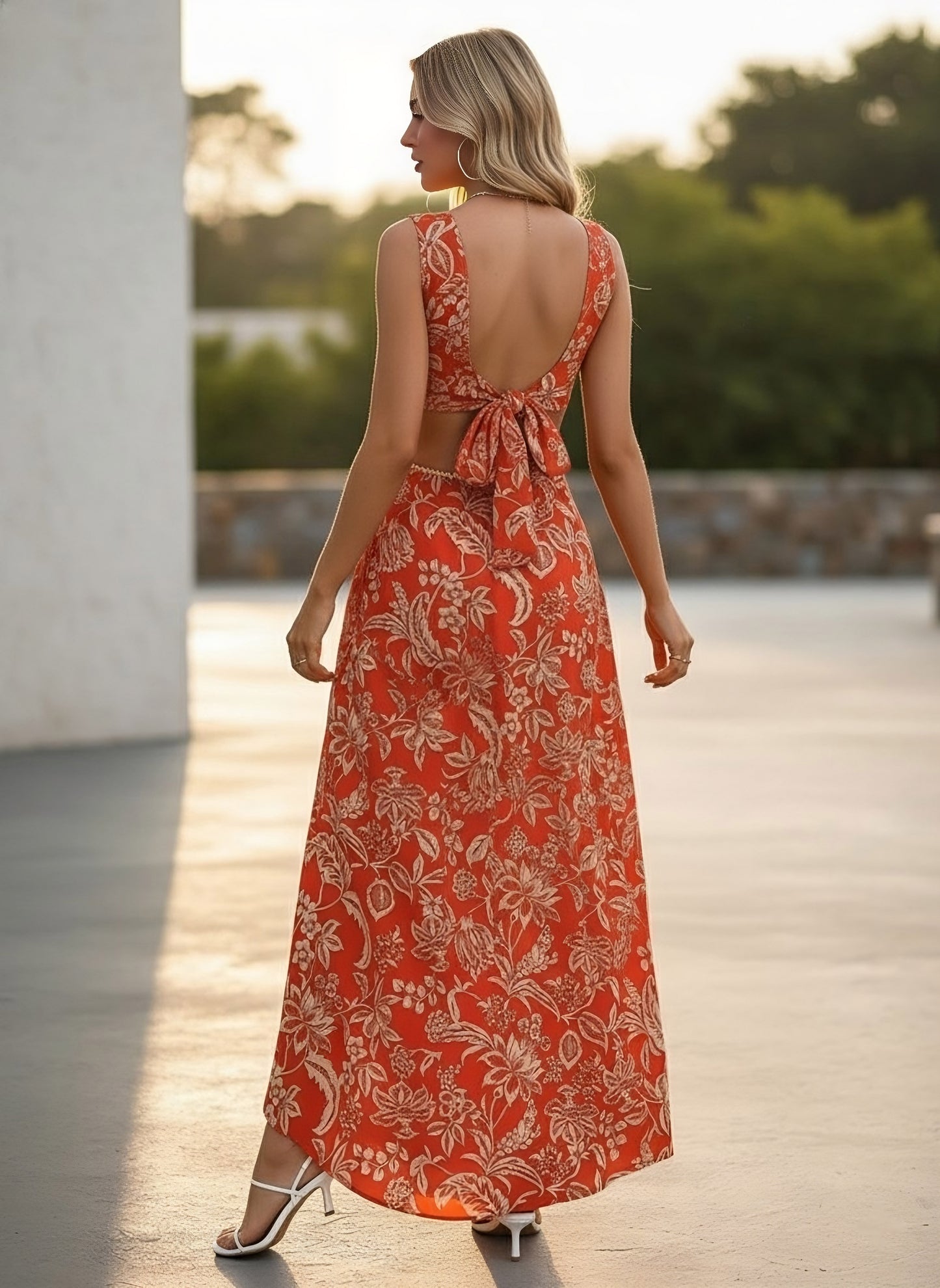 Berrylush Women Orange Floral Print Deep V-Neck Cut-Outs sleeveless Maxi Dress