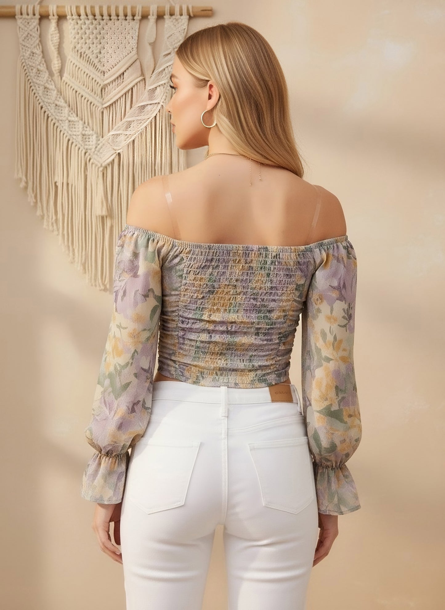 Berrylush Women Purple & Yellow Floral Printed Off-Shoulder Neck Bishop Sleeves Adjustable Shooulder Straps Georgette Pleated Crop Top