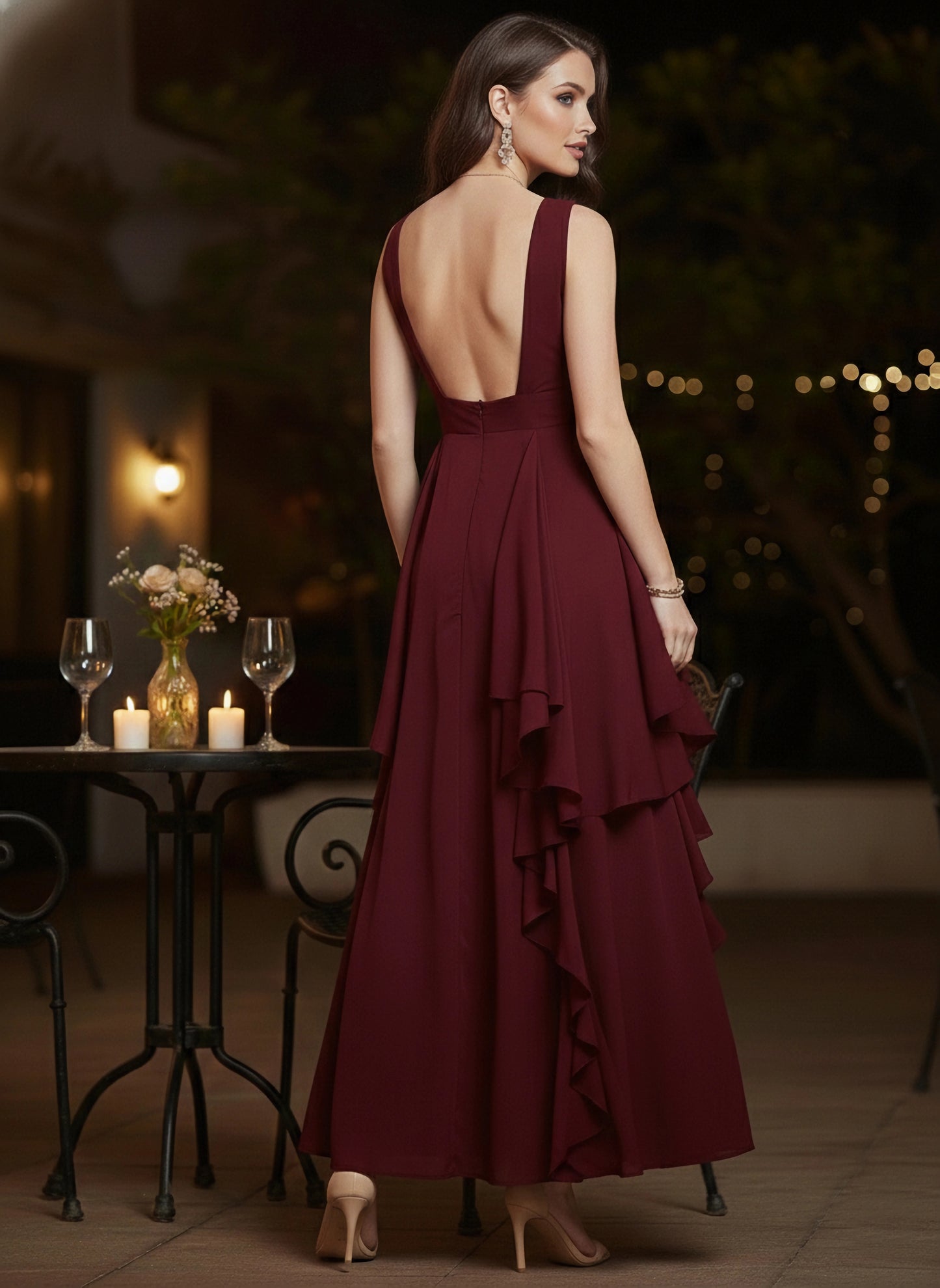 Berrylush Women Solid Maroon V-Neck Crepe Asymmetrical Hem Ruffled Maxi Dress