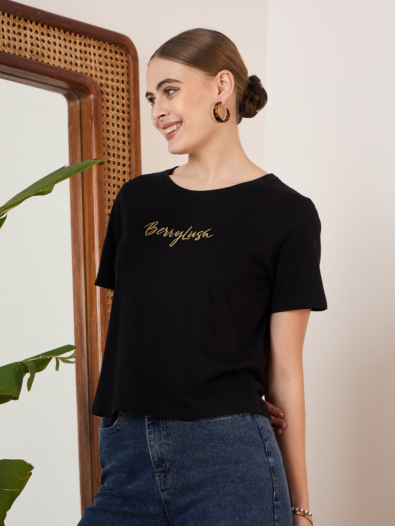 Berrylush Women Solid Black Round Neck Front Brand Logo Short Sleeves Knitted Regular T-Shirt