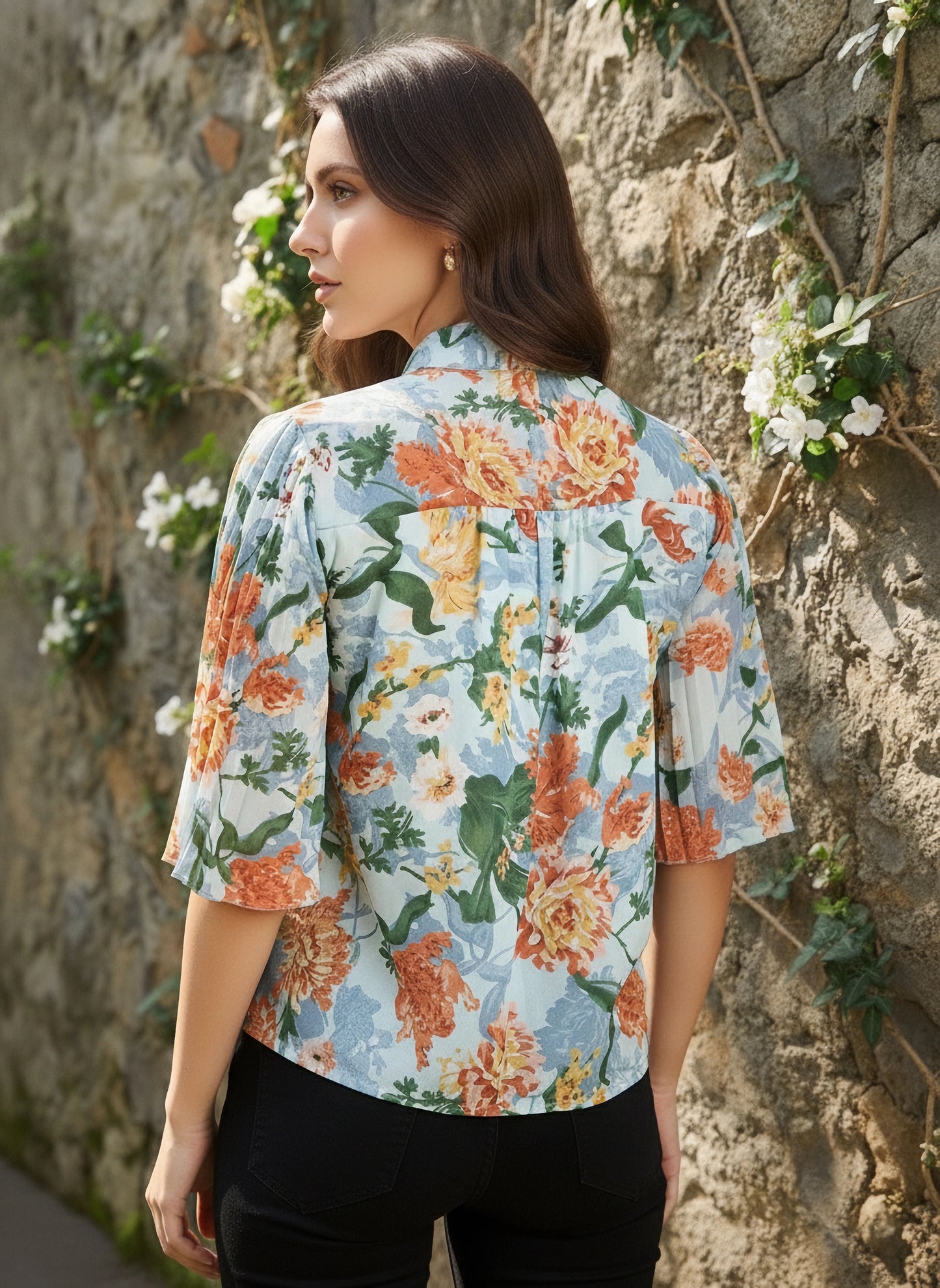 Blue & Orange Floral Printed Tie-Up Neck Pleated Sleeves Button-Up Regular Top