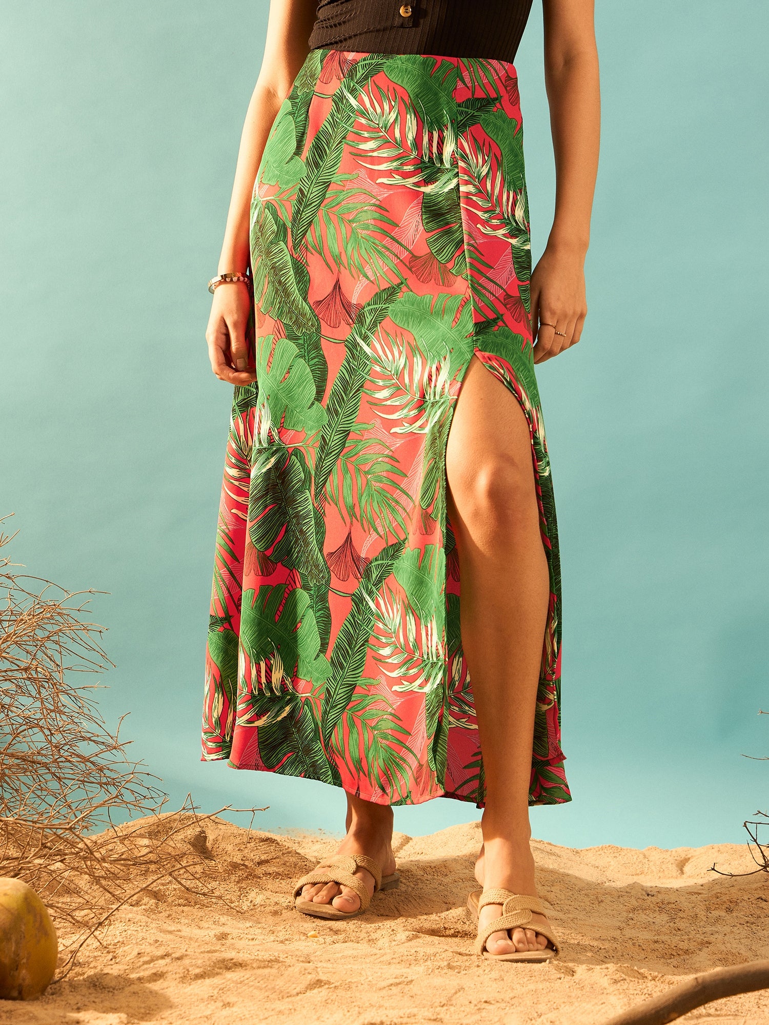 Berrylush Women Red & Green Tropical Printed High-Rise Waist Straight Hem Thigh-High Slit A-Line Maxi Skirt