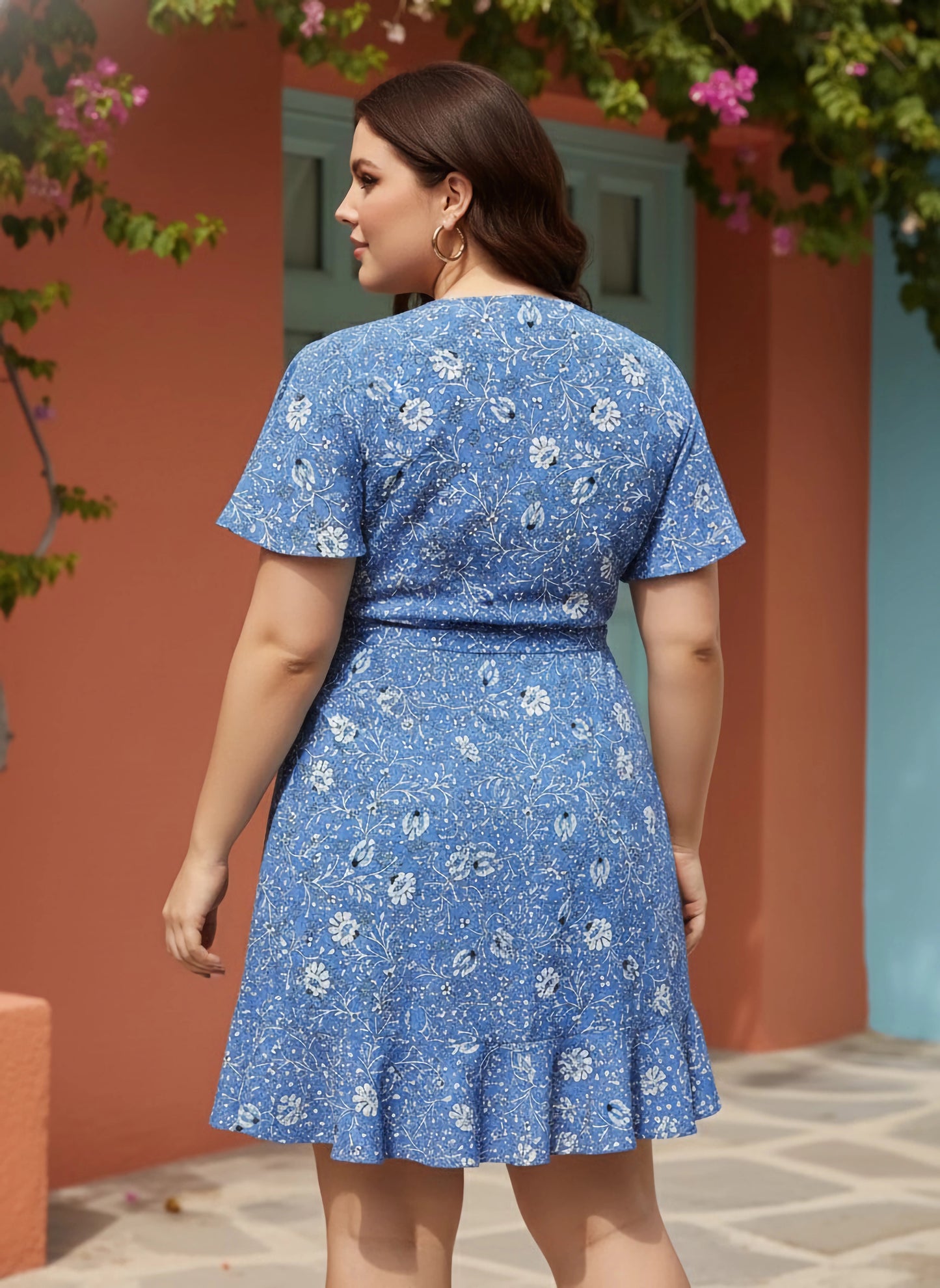 Berrylush Women Plus Size Blue & White Floral Printed V-Neck Flutter Sleeve Crepe Flounce Hem Wrap Mini Dress