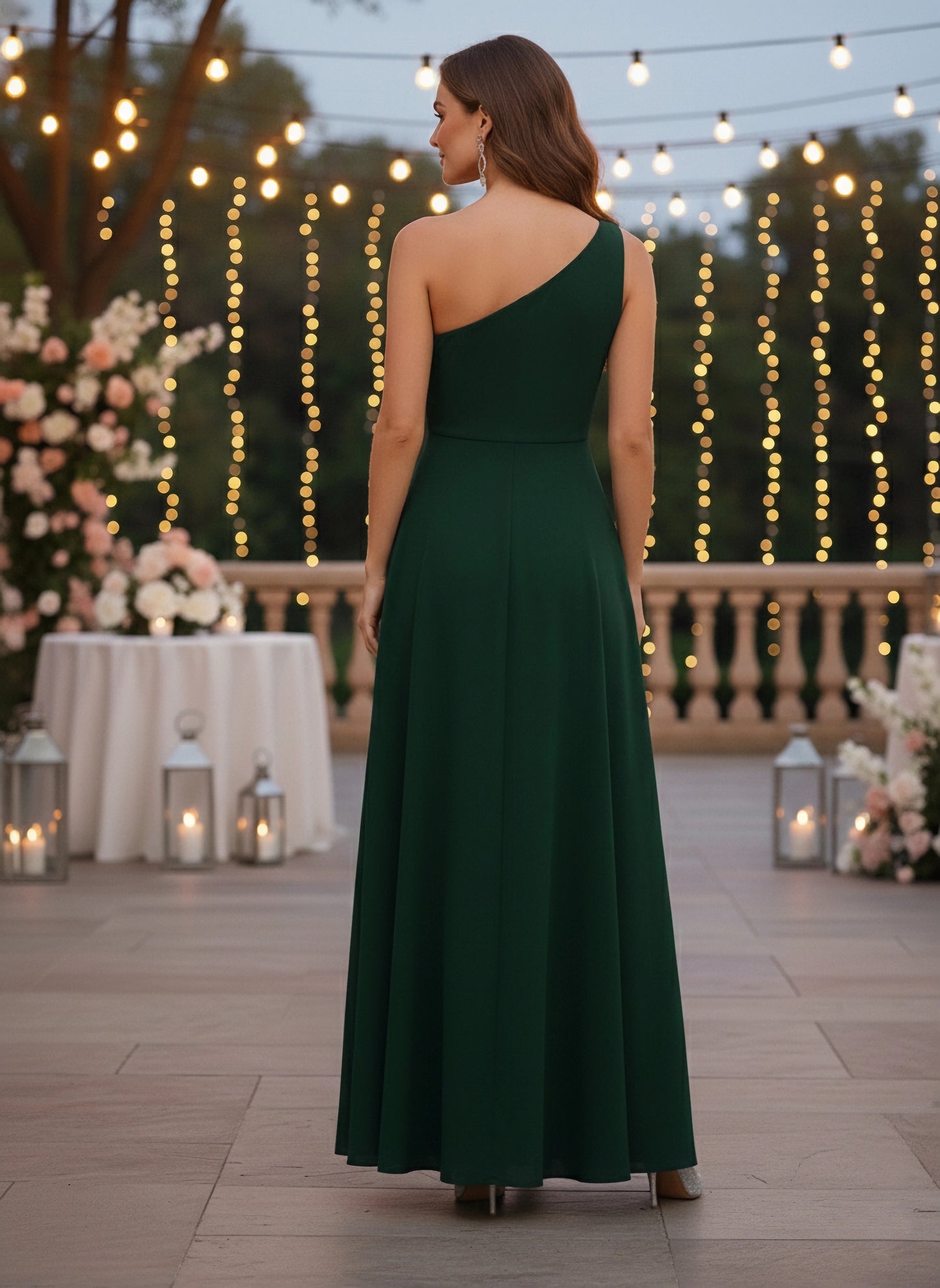 Berrylush Women Solid Dark Green One-Shoulder A-Line Maxi Dress