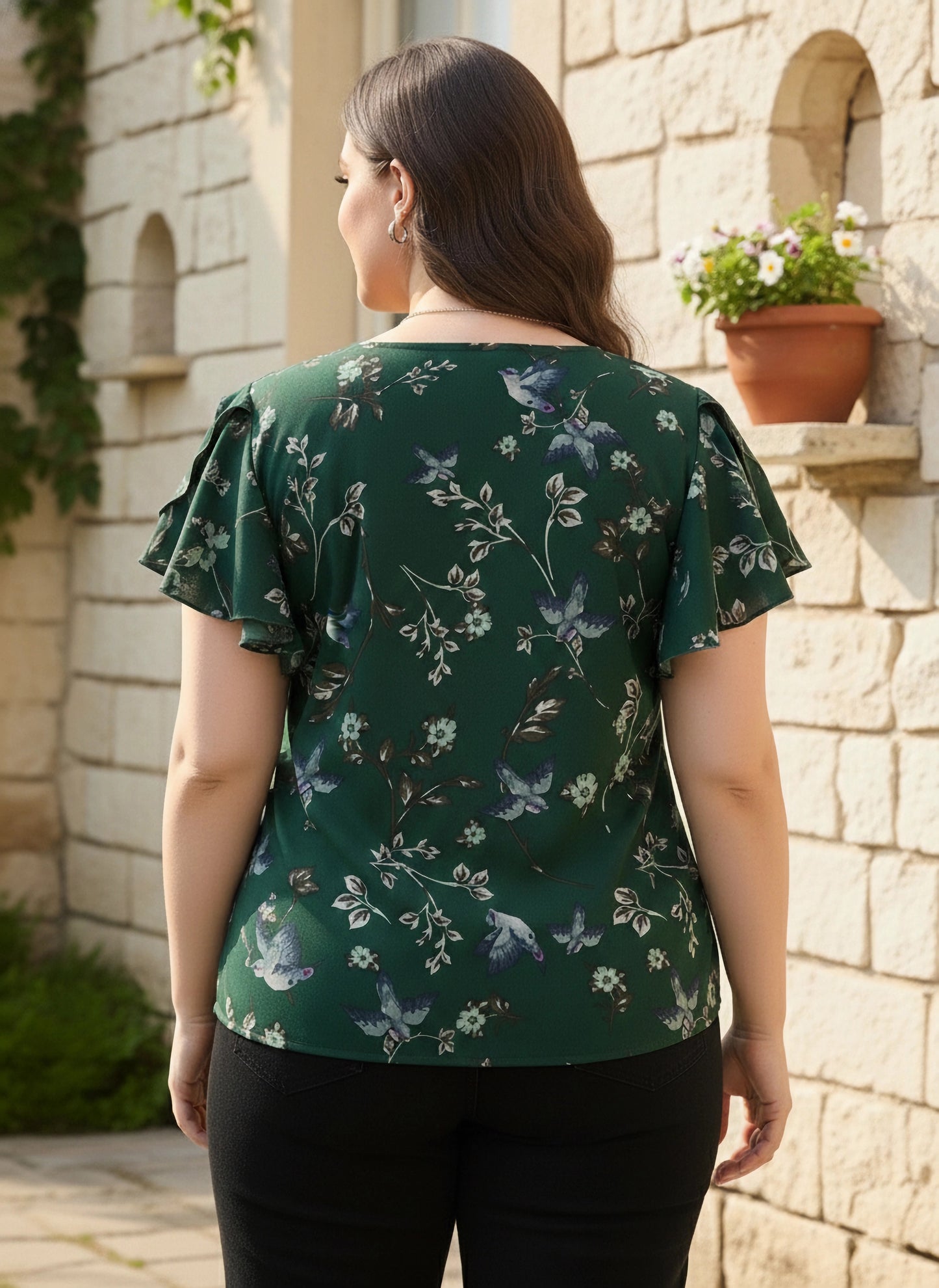 Plus Size Green & White Floral Printed V-Neck Flutter Sleeve Crepe Ruffled Regular Top