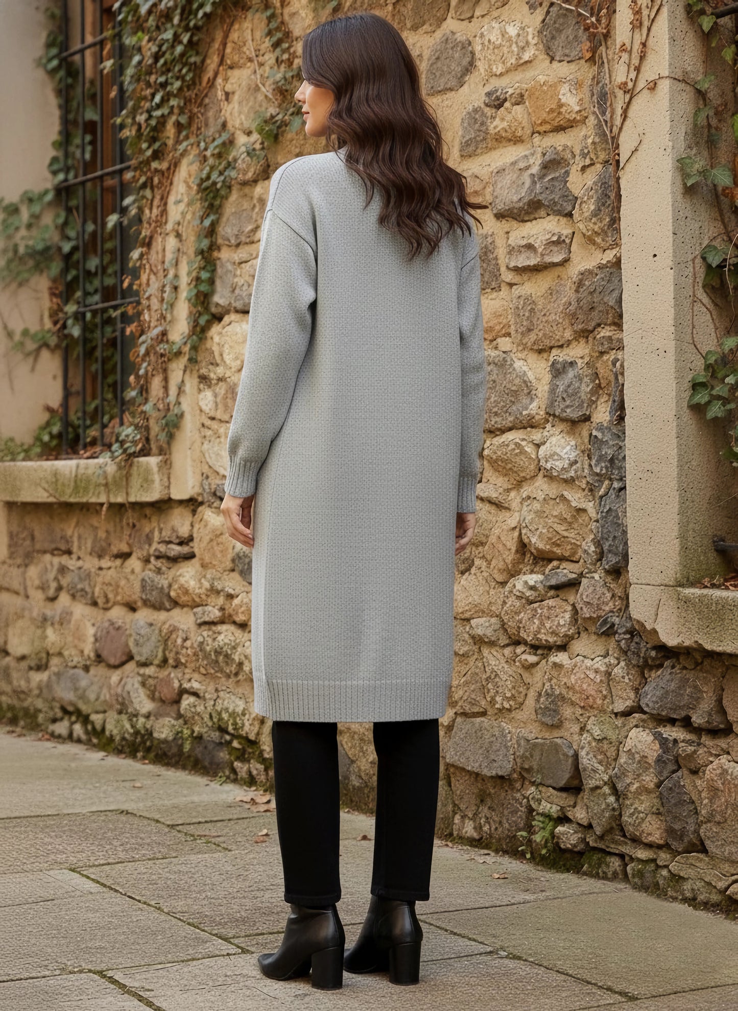 Berrylush Women Solid Grey V-Neck Drop-Shoulder Sleeves Open-Front Acrylic Straight Hem Knitted Longline Cardigan