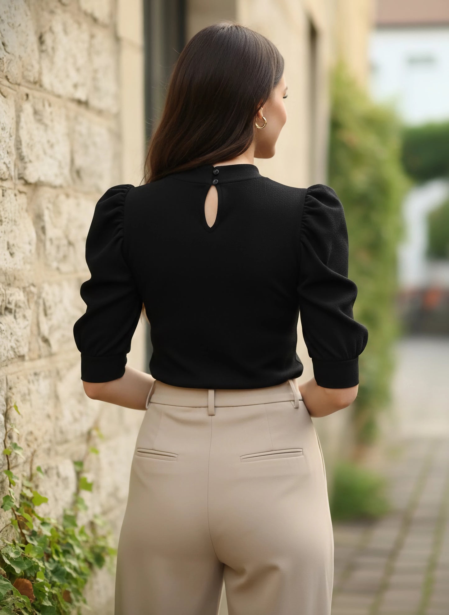 Berrylush Women Solid Black High-Neck Three-Quarter Sleeve Pleated Crepe Regular Top