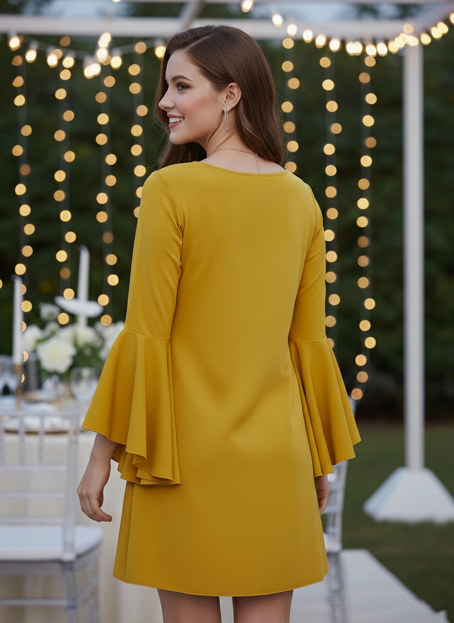 Berrylush Women Solid Yellow Round Neck Bell Sleeve A-Line Mini Dress