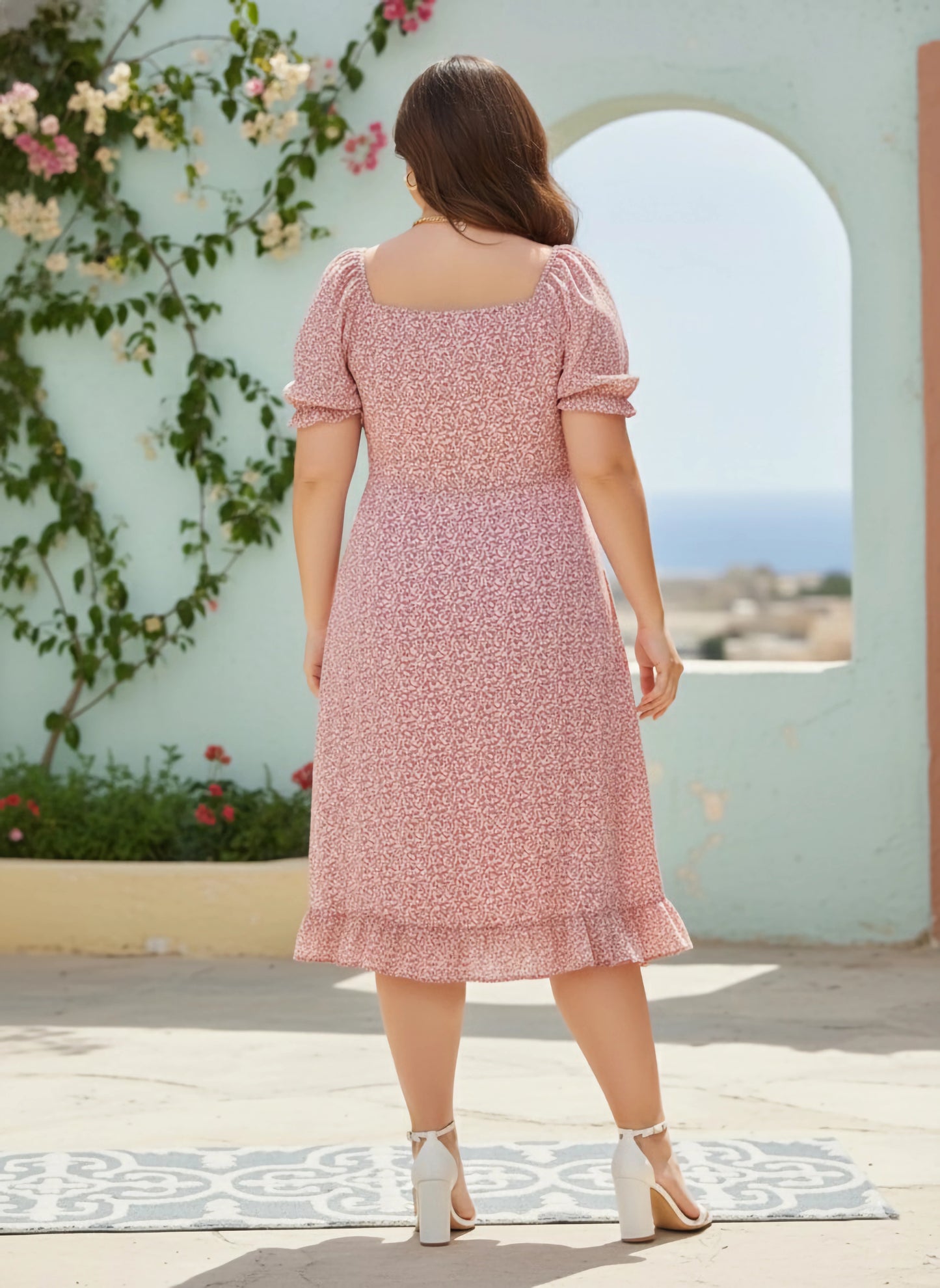 Berrylush Women Plus Size Light Pink & White Floral Printed Sweetheart Neck Front Tie-Up Flounce Hem A-Line Midi Dress