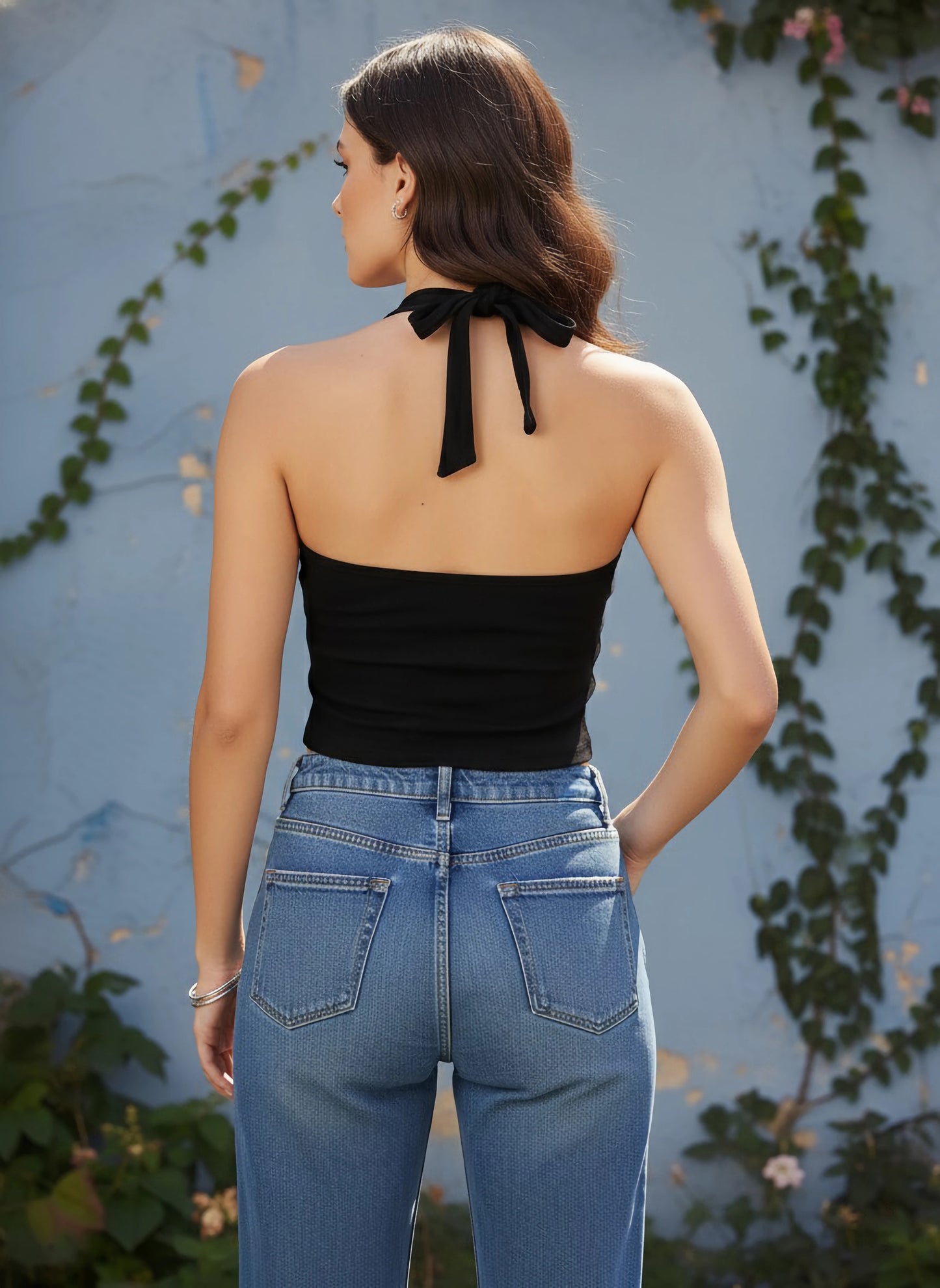 Berrylush Women Solid Black Halter Neck Sleeveless Backless Crepe Knitted Regular Top