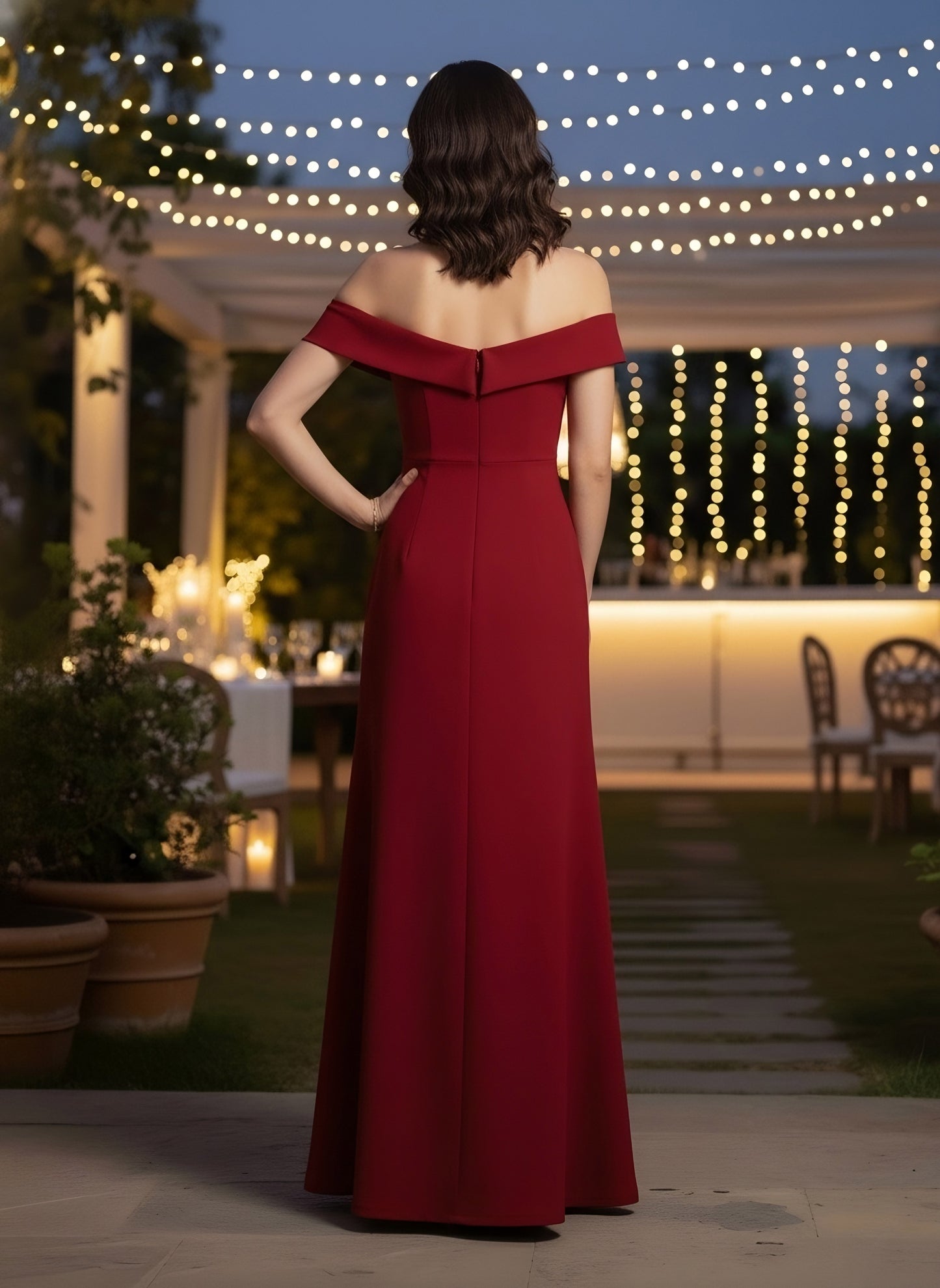 Berrylush Women Solid Red Off-Shoulder Neck Crepe Thigh-High Slit Flared A-Line Maxi Dress