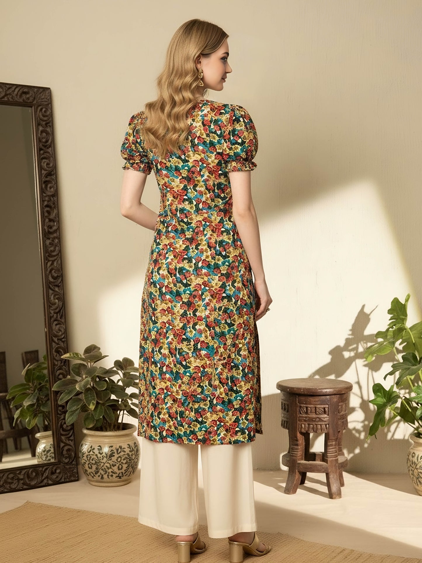 Berrylush Women Red, Green, & Yellow Floral Printed Sweetheart Neck Front Tie-Up Side-Slit Straight Hem Calf Length Kurta